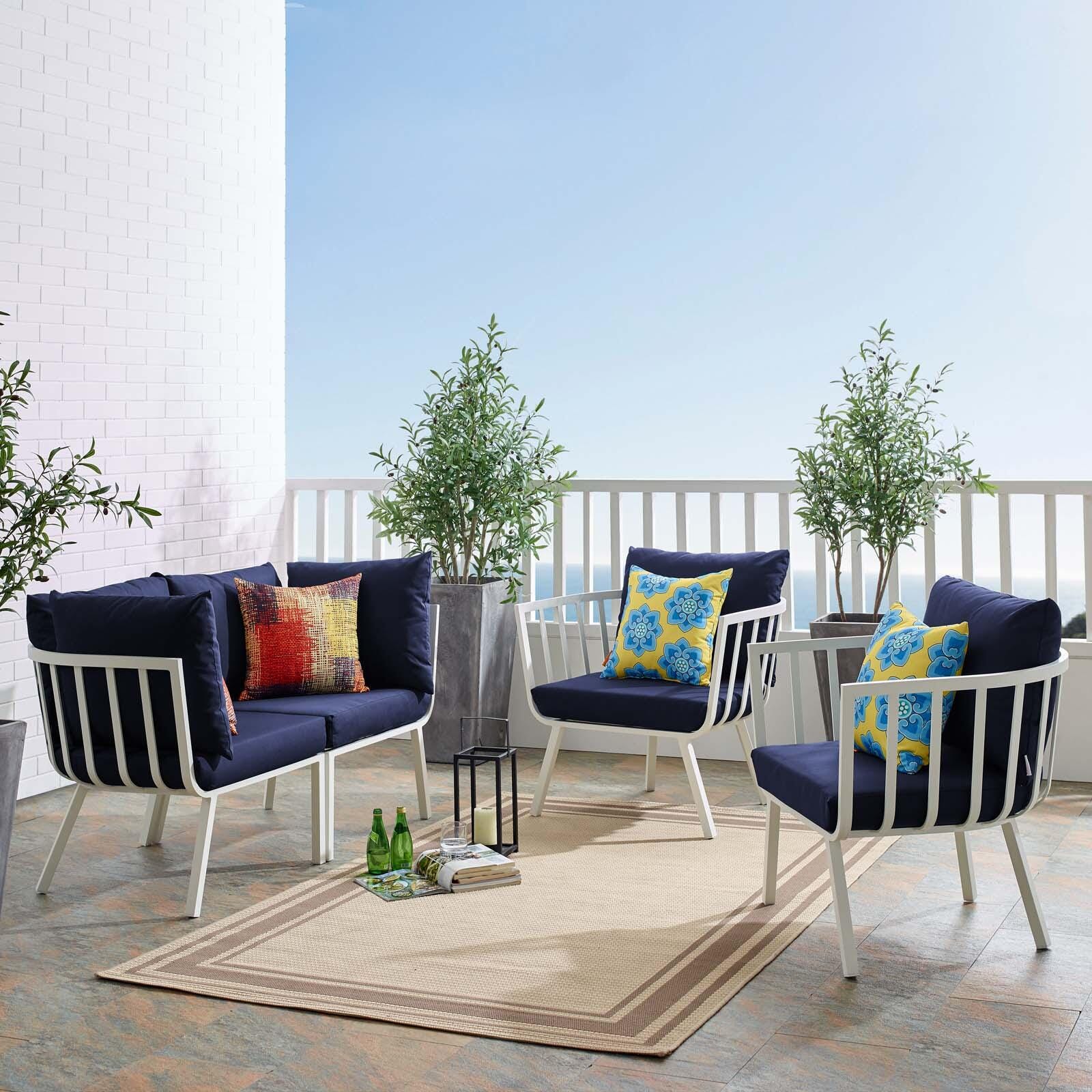 Modway Riverside Outdoor Loveseat and 2 Armchair, White/Navy, rollover