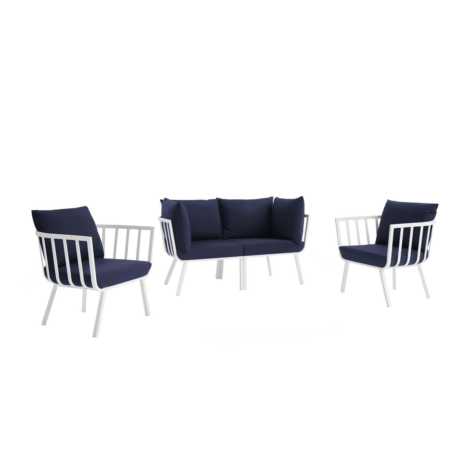 Modway Riverside Outdoor Loveseat and 2 Armchair, White/Navy, large