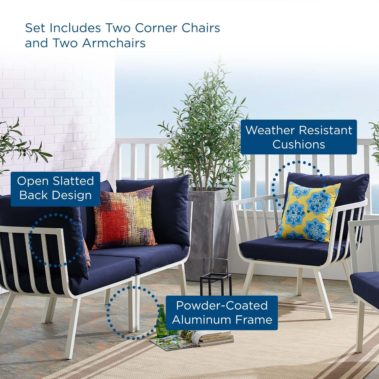 Modway Riverside Outdoor Loveseat and 2 Armchair, White/Navy, large