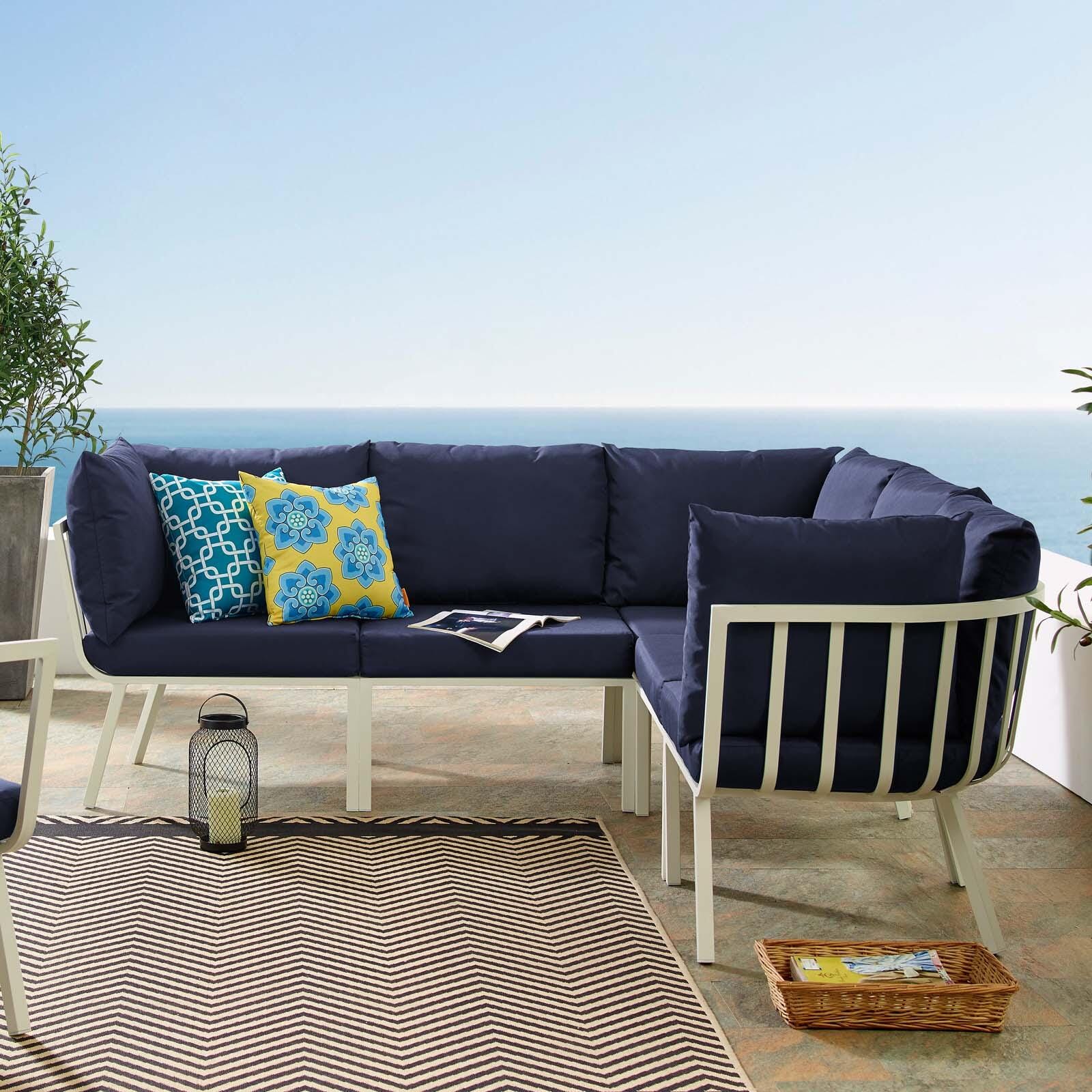 Modway Riverside 5-Piece Outdoor Sectional, White/Navy, large