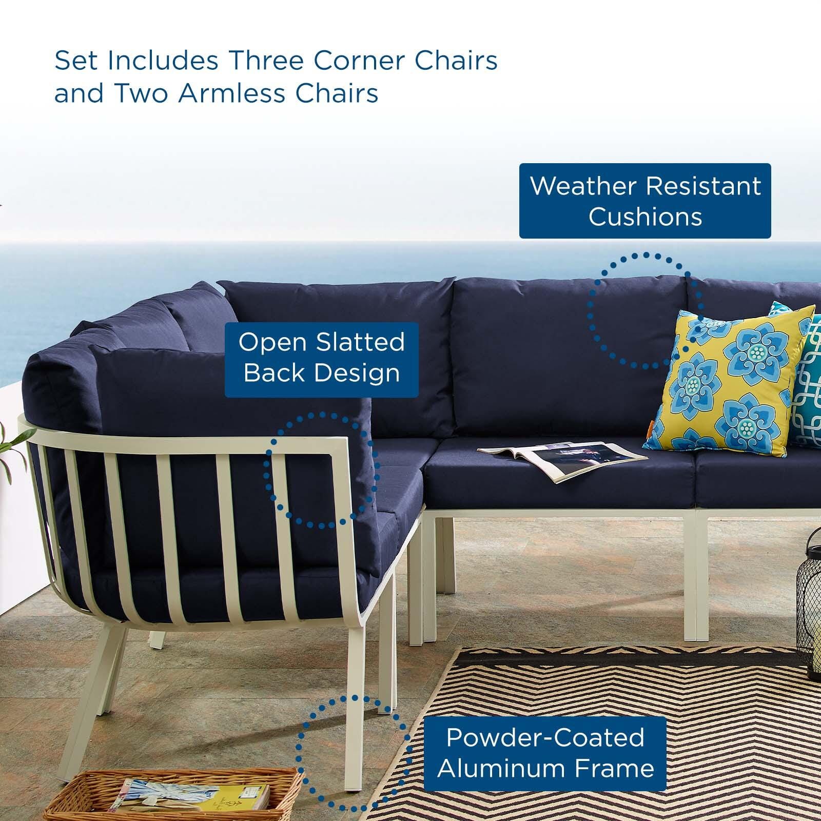Modway Riverside 5-Piece Outdoor Sectional, White/Navy, large