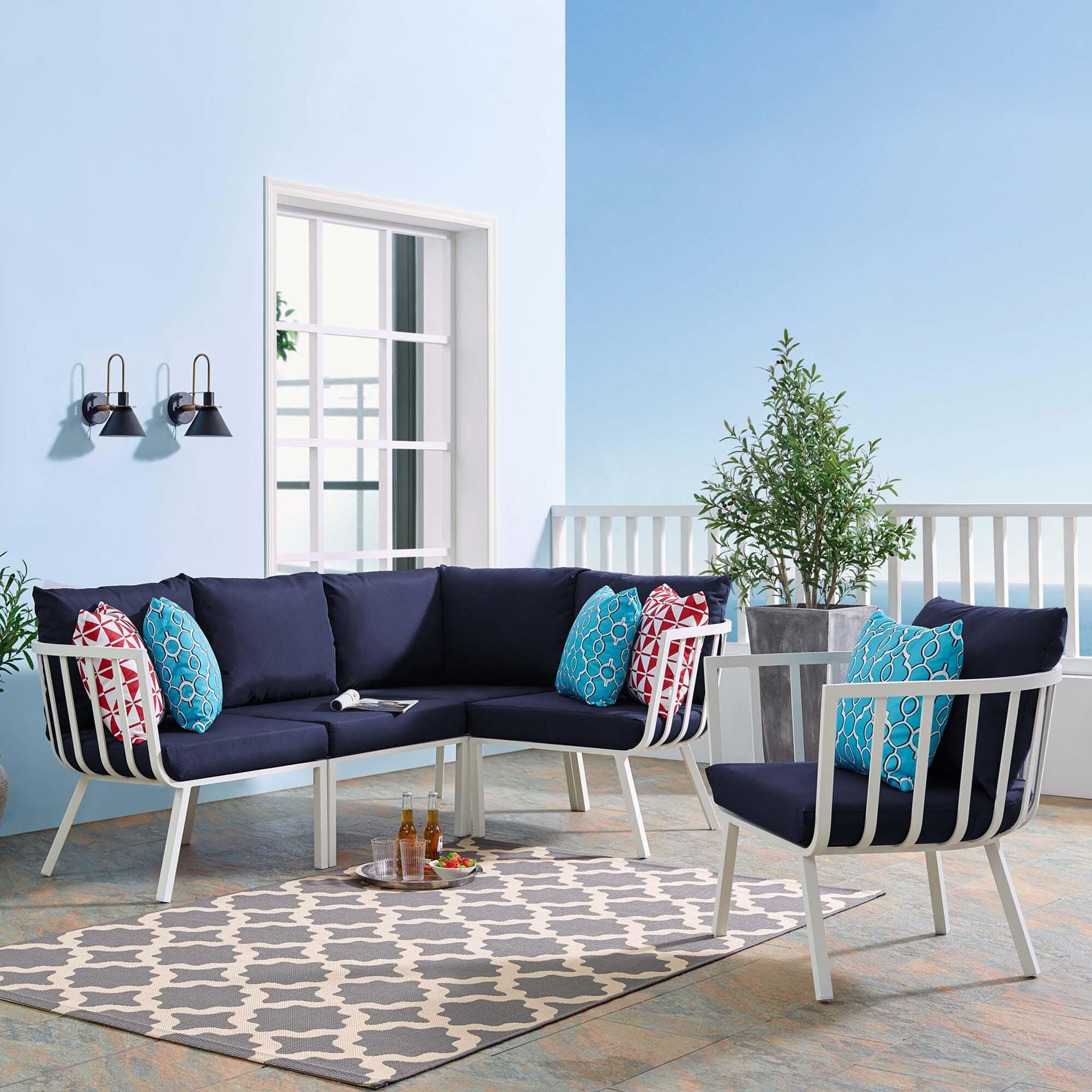 Modway Riverside 5-Piece Outdoor Patio Sectional Set, White/Navy, rollover