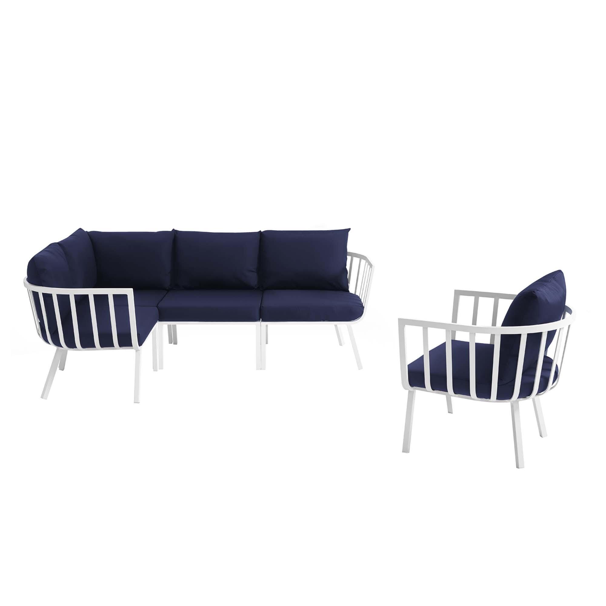 Modway Riverside 5-Piece Outdoor Patio Sectional Set, White/Navy, large
