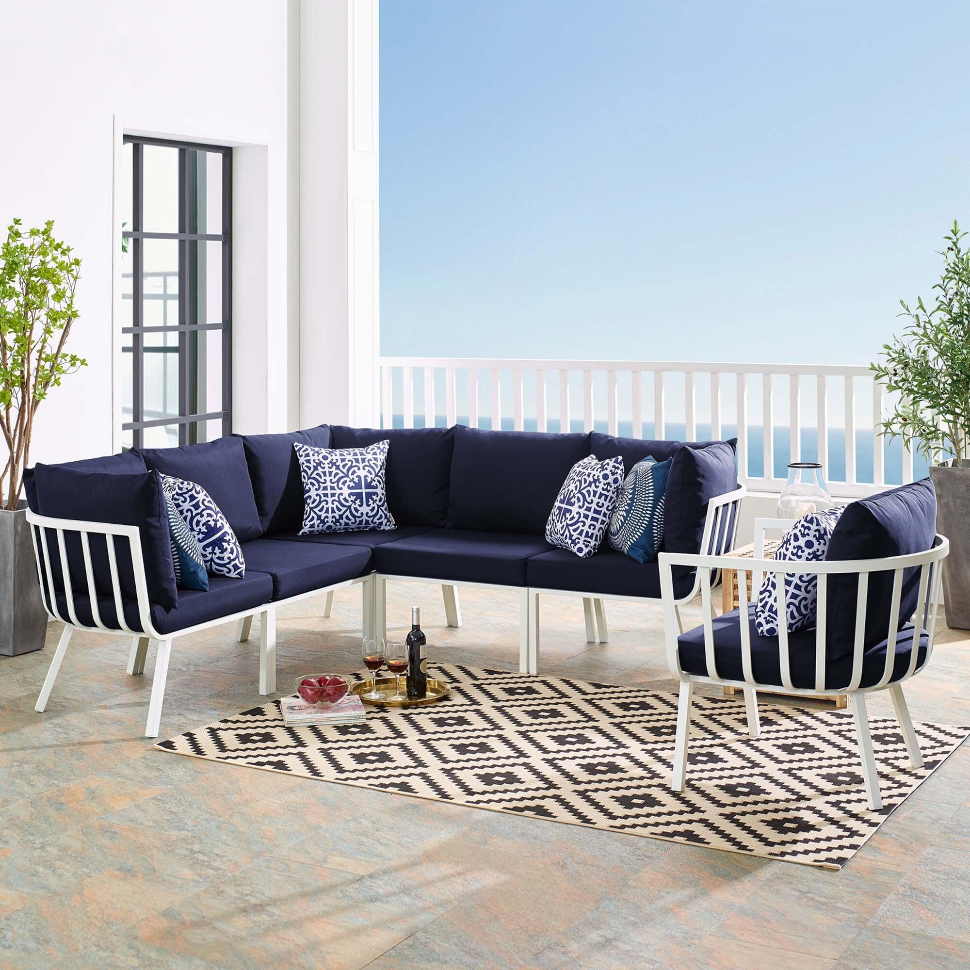 Modway Riverside 6-Piece Outdoor Sectional Set, White/Navy, large