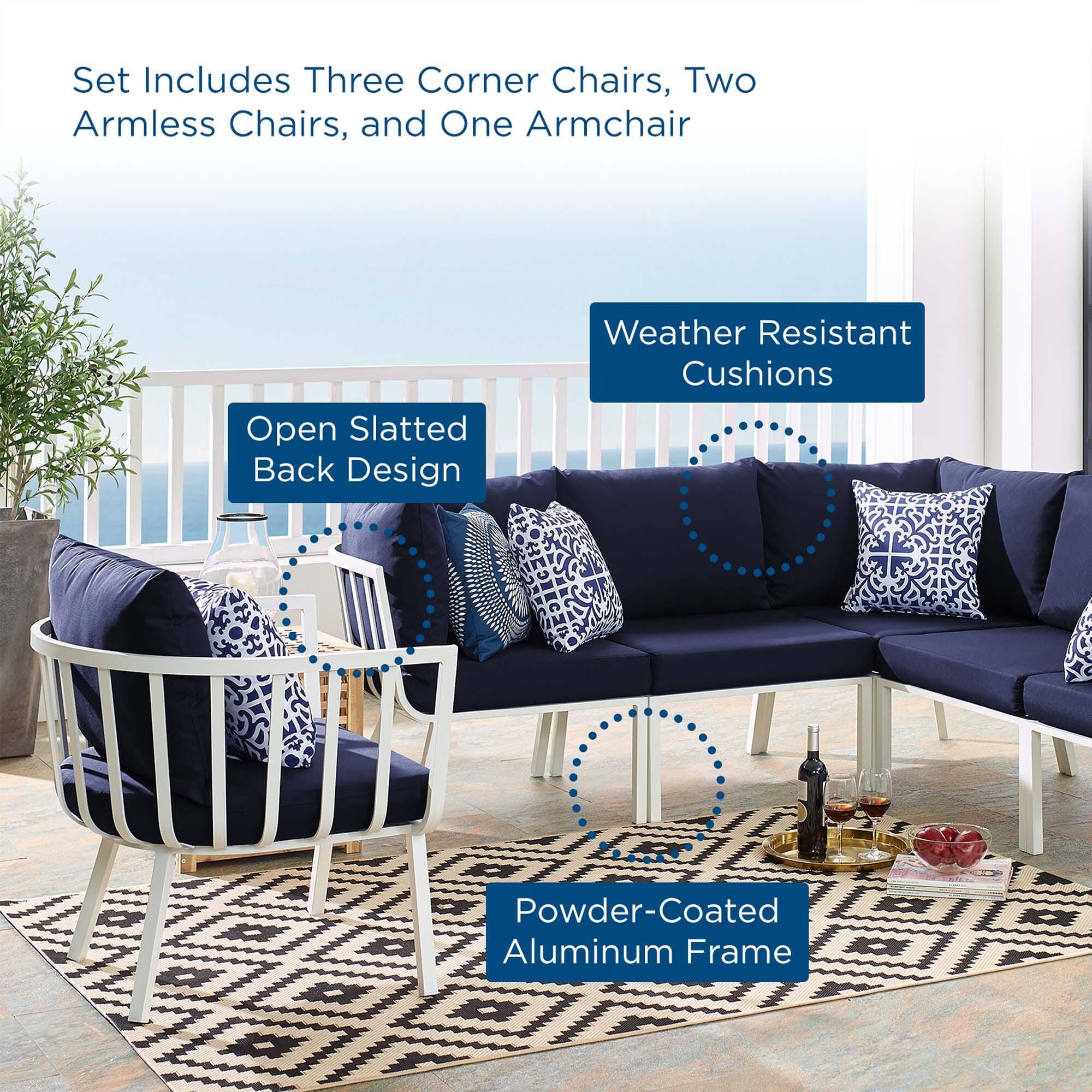 Modway Riverside 6-Piece Outdoor Sectional Set, White/Navy, large