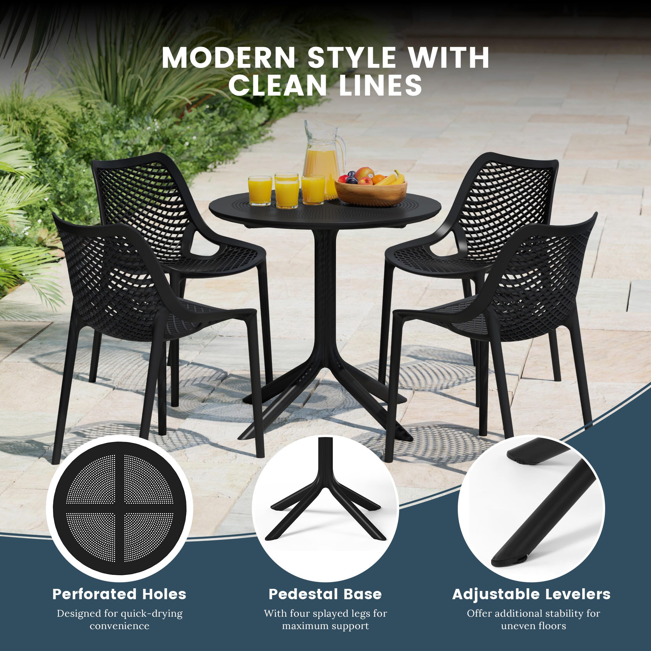 Westin Furniture Frond&Form Outdoor Round Dining Table and 4 Chairs, Black, large