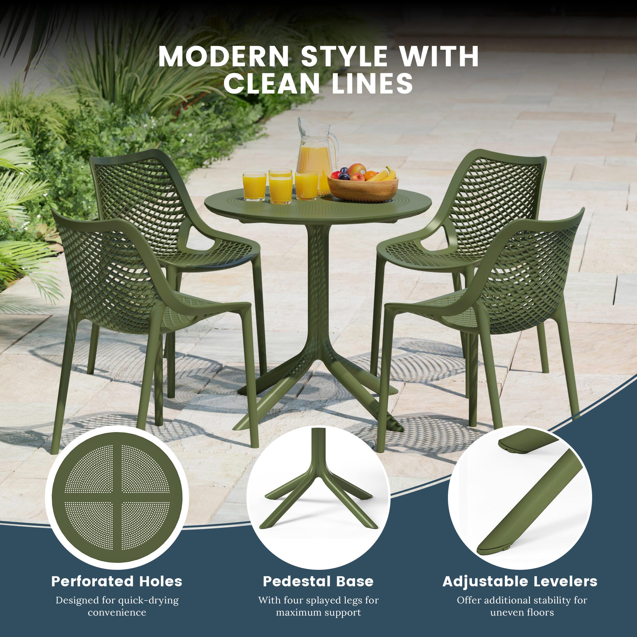 Westin Furniture Frond&Form Outdoor Round Dining Table and 4 Chairs, Olive Green, large