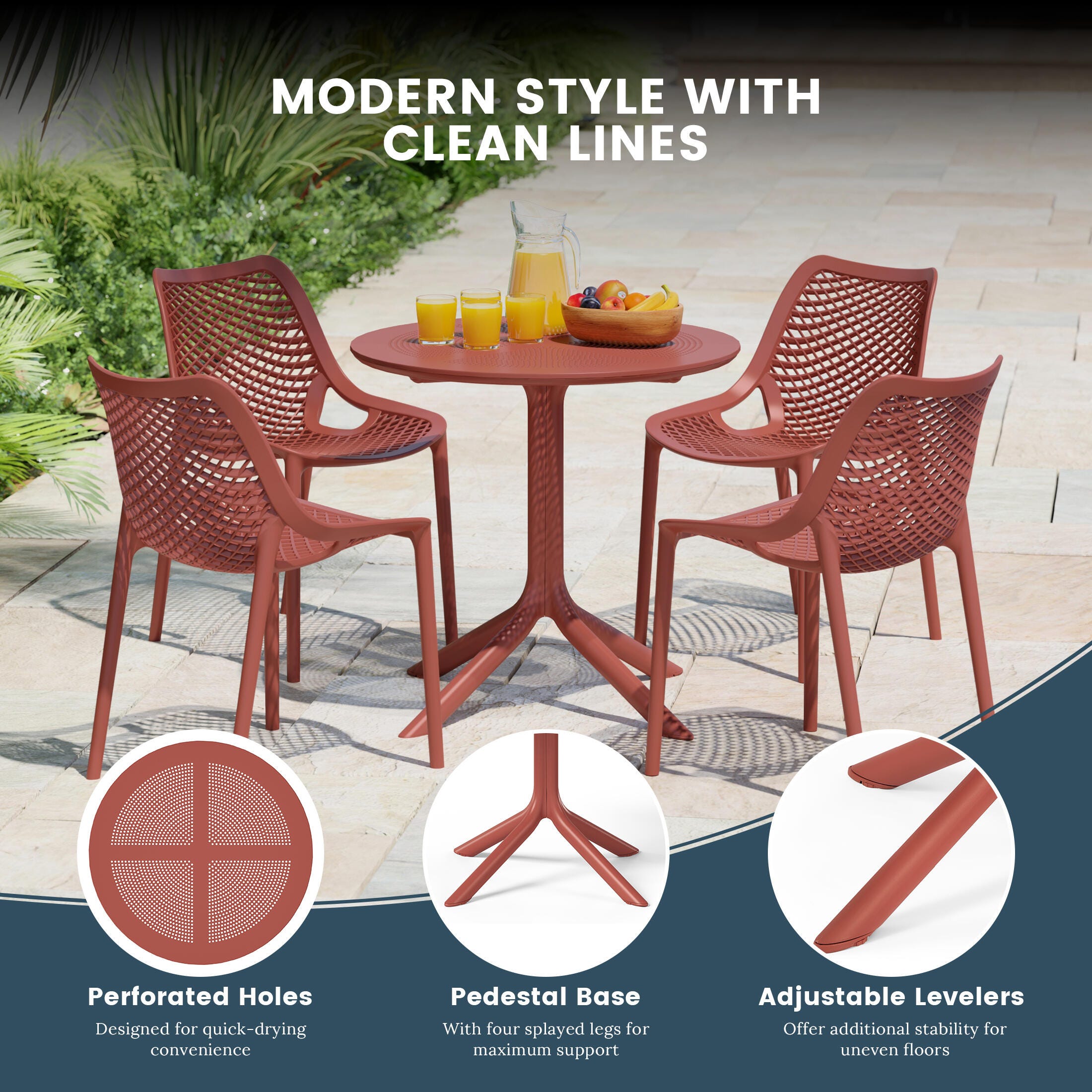 Westin Furniture Frond&Form Outdoor Round Dining Table and 4 Chairs, Red, large