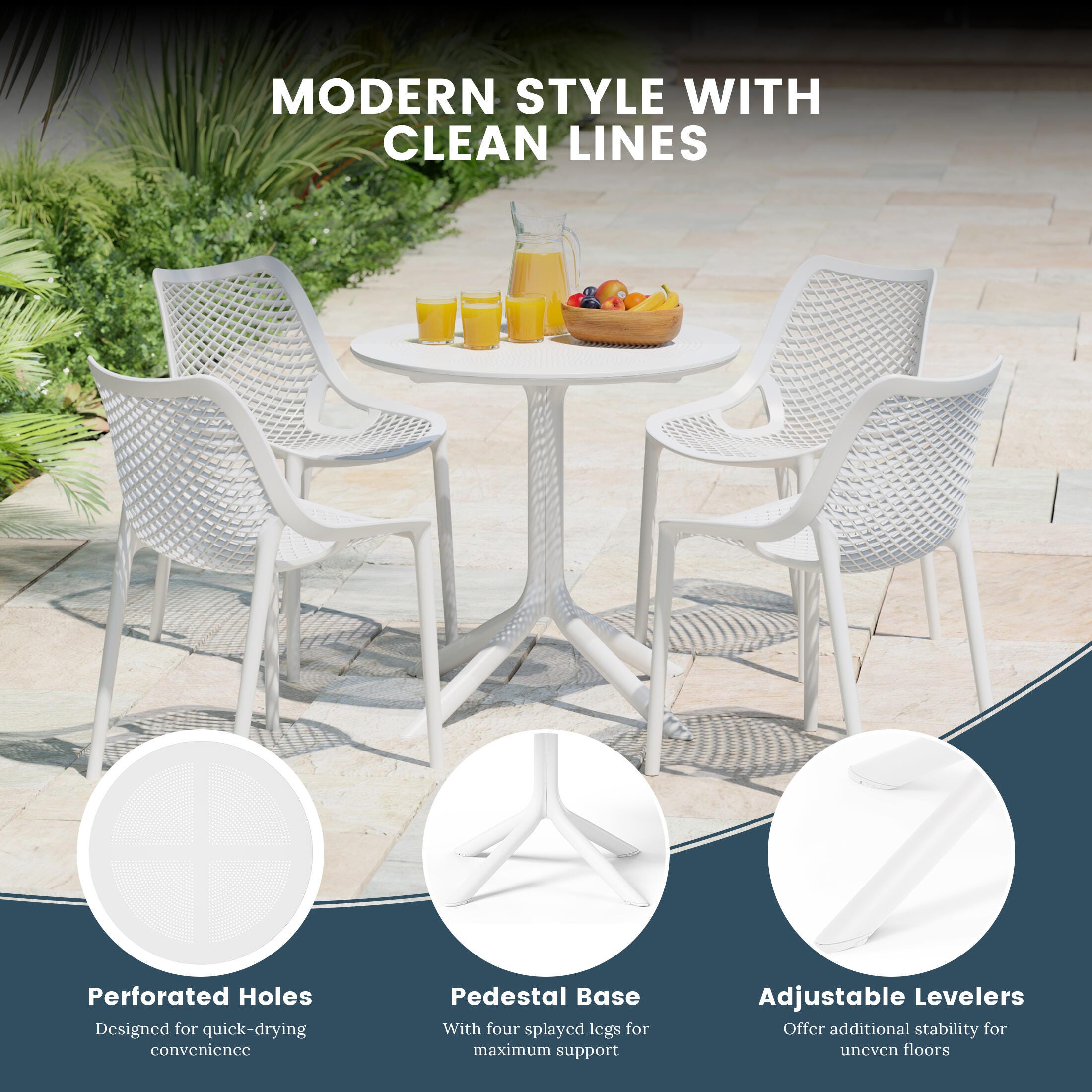 Westin Furniture Frond&Form Outdoor Round Dining Table and 4 Chairs, White, large