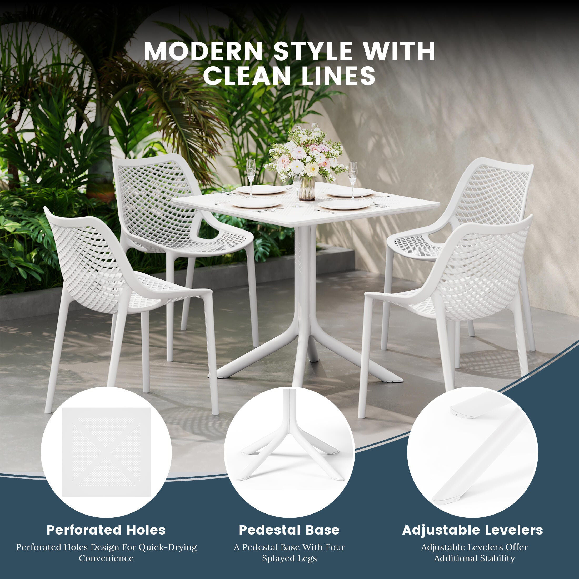Westin Furniture Frond&Form Outdoor Square Dining Table and 4 Chairs, White, large