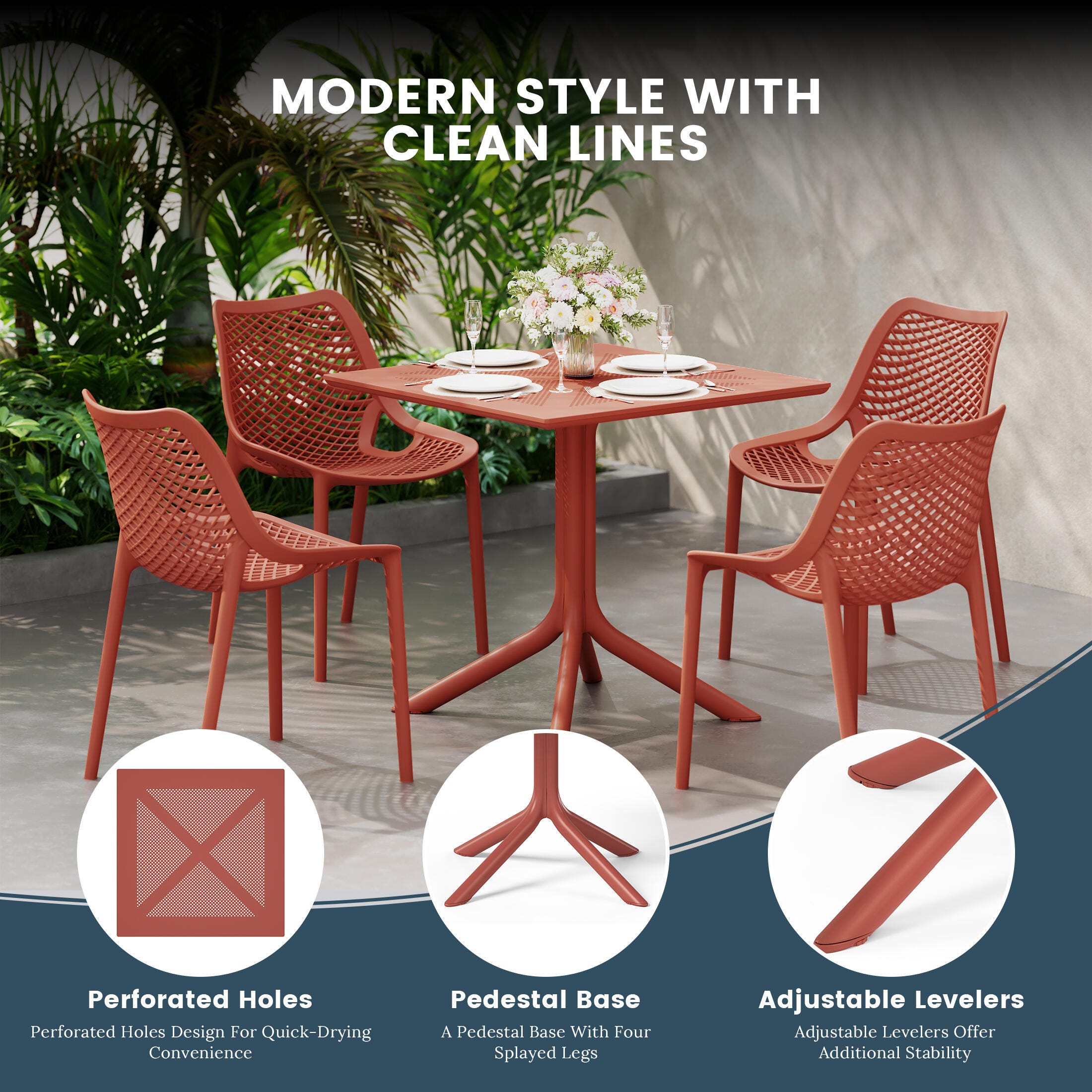 Westin Furniture Frond&Form Outdoor Square Dining Table and 4 Chairs, Red, large