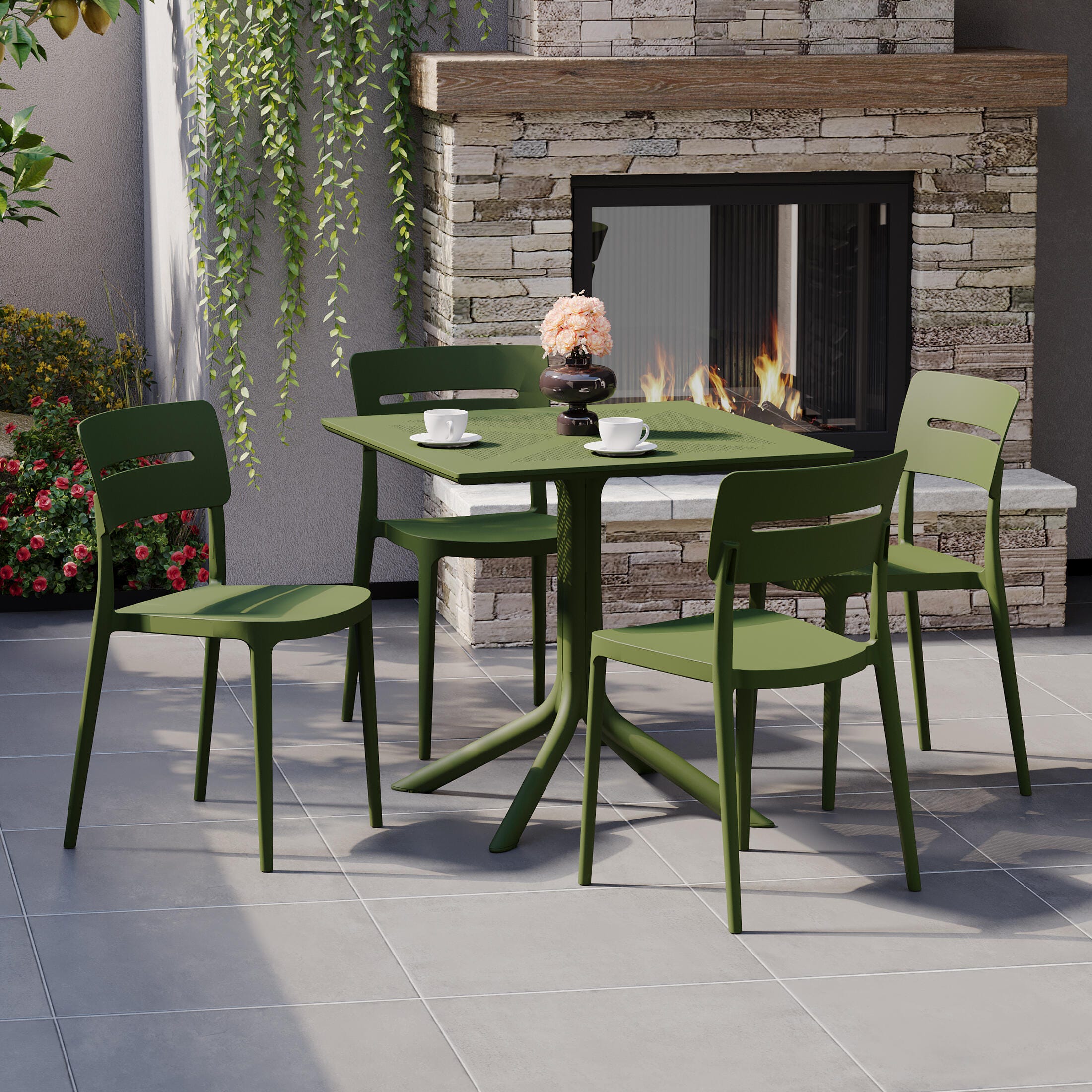 Westin Furniture Frond&Form Outdoor Square Ventilated Dining Table and 4 Chairs, Olive Green, rollover