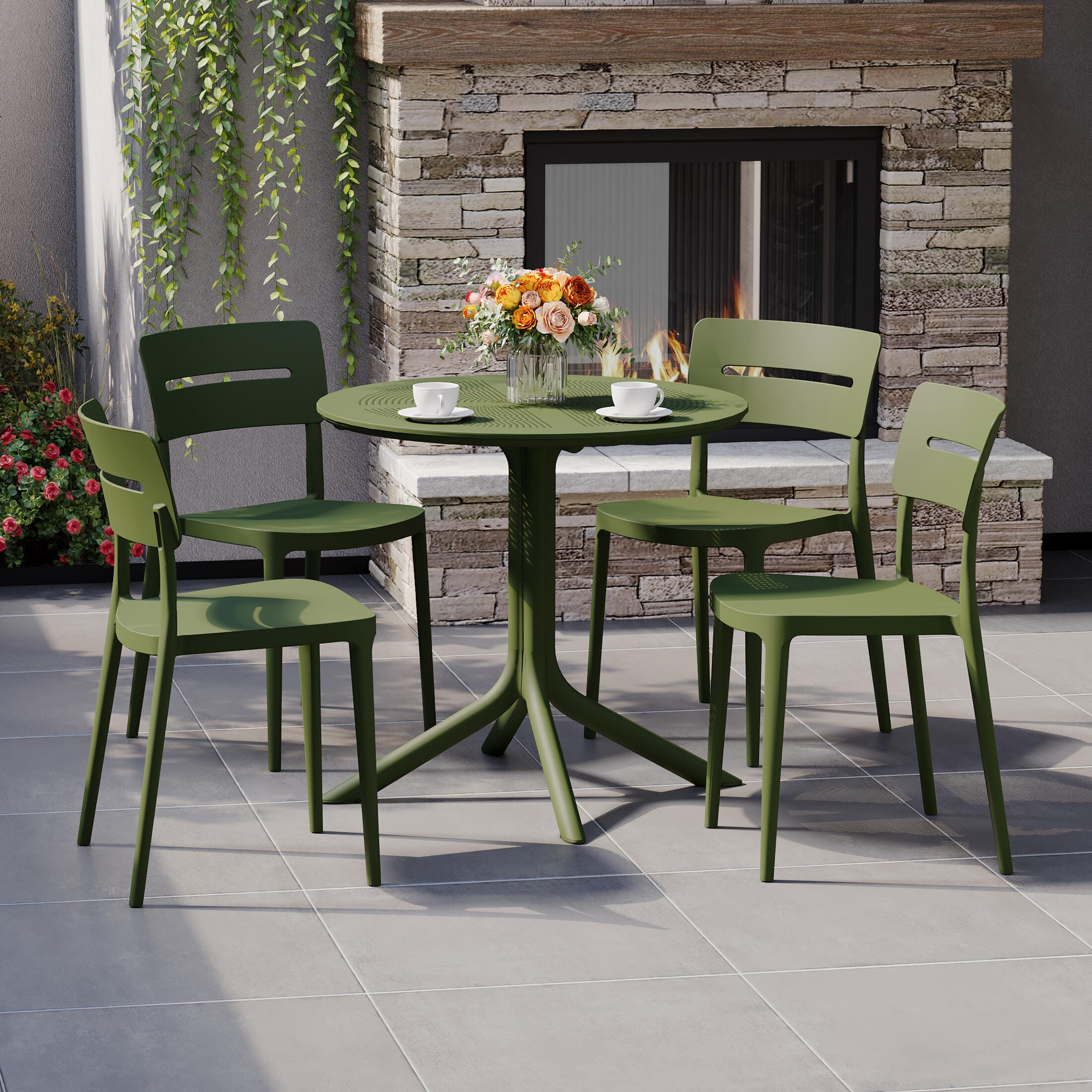 Westin Furniture Frond&Form Outdoor Round Dining Table and 4 Open Back Chairs, Olive Green, rollover