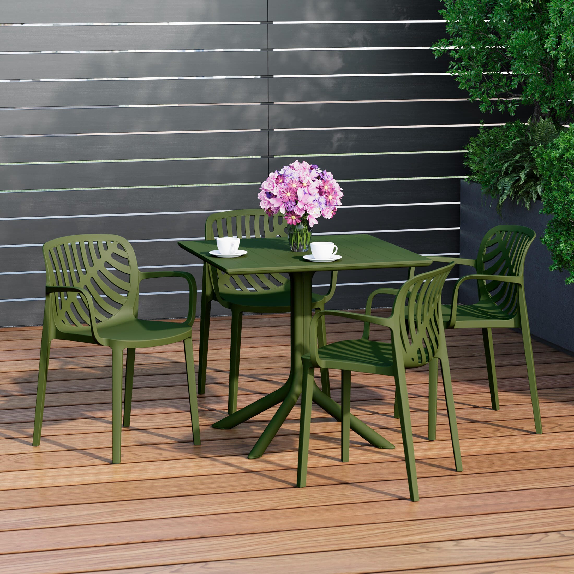 Westin Furniture Frond&Form Outdoor Dining Table and 4 Leaf Back Chairs, Olive Green, rollover