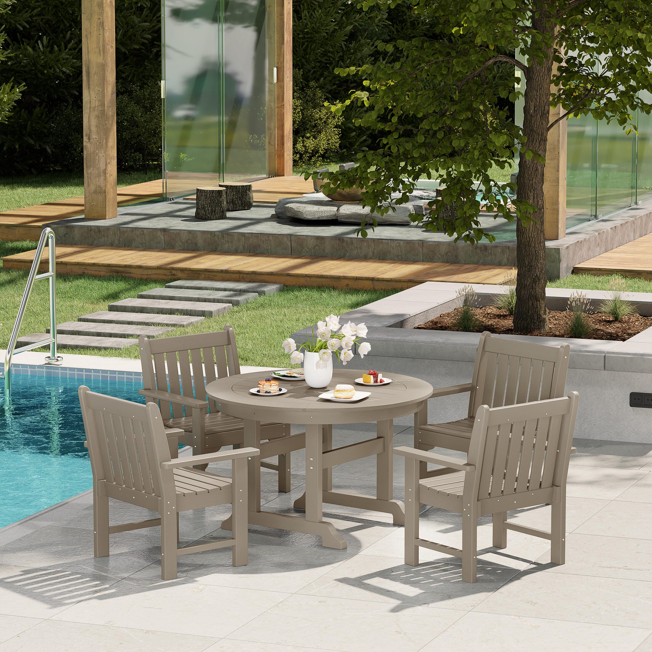 Westin Furniture Laguna Outdoor Patio Round Table and 4 Arm Chairs, Beige, rollover
