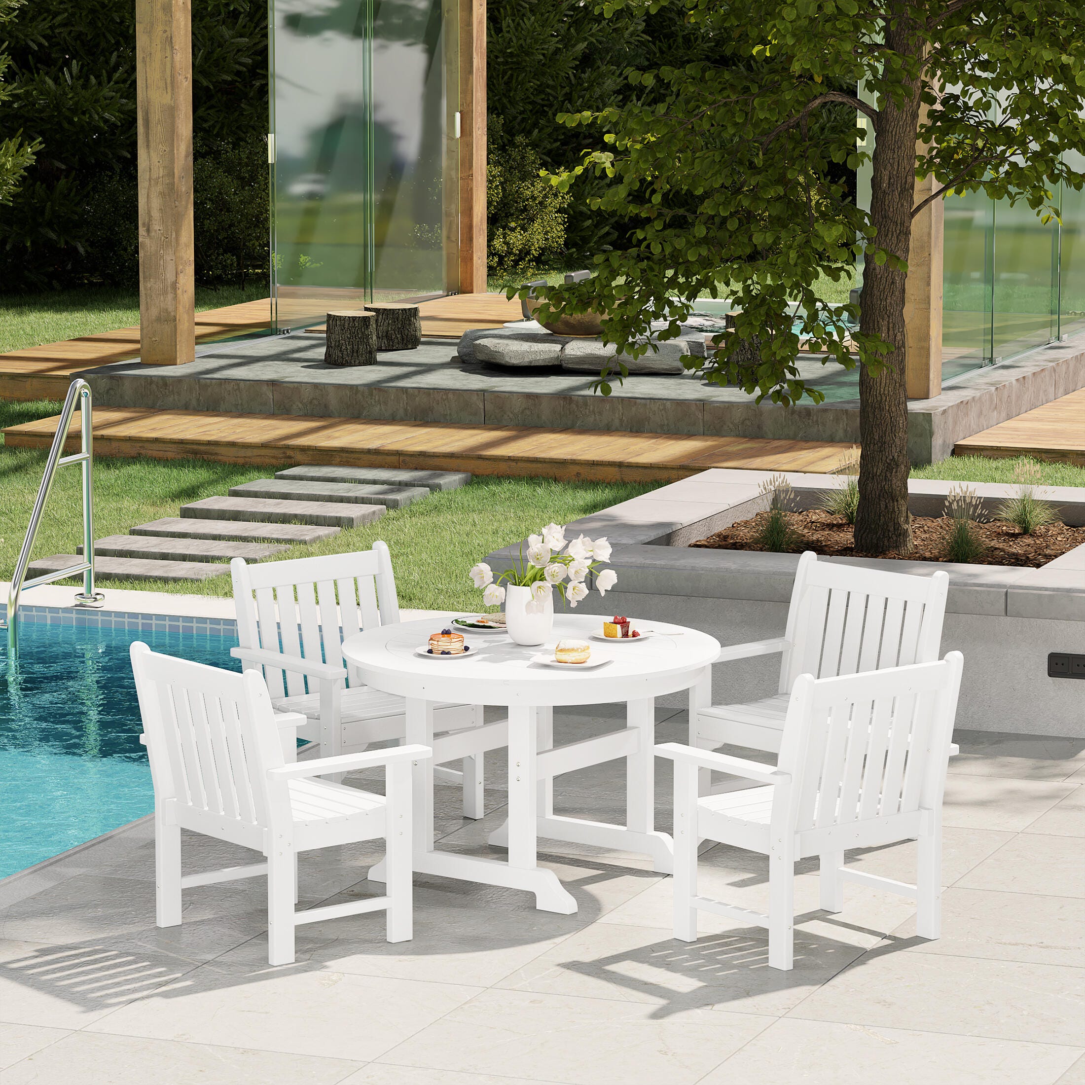 Westin Furniture Laguna Outdoor Patio Round Table and 4 Arm Chairs, White, rollover