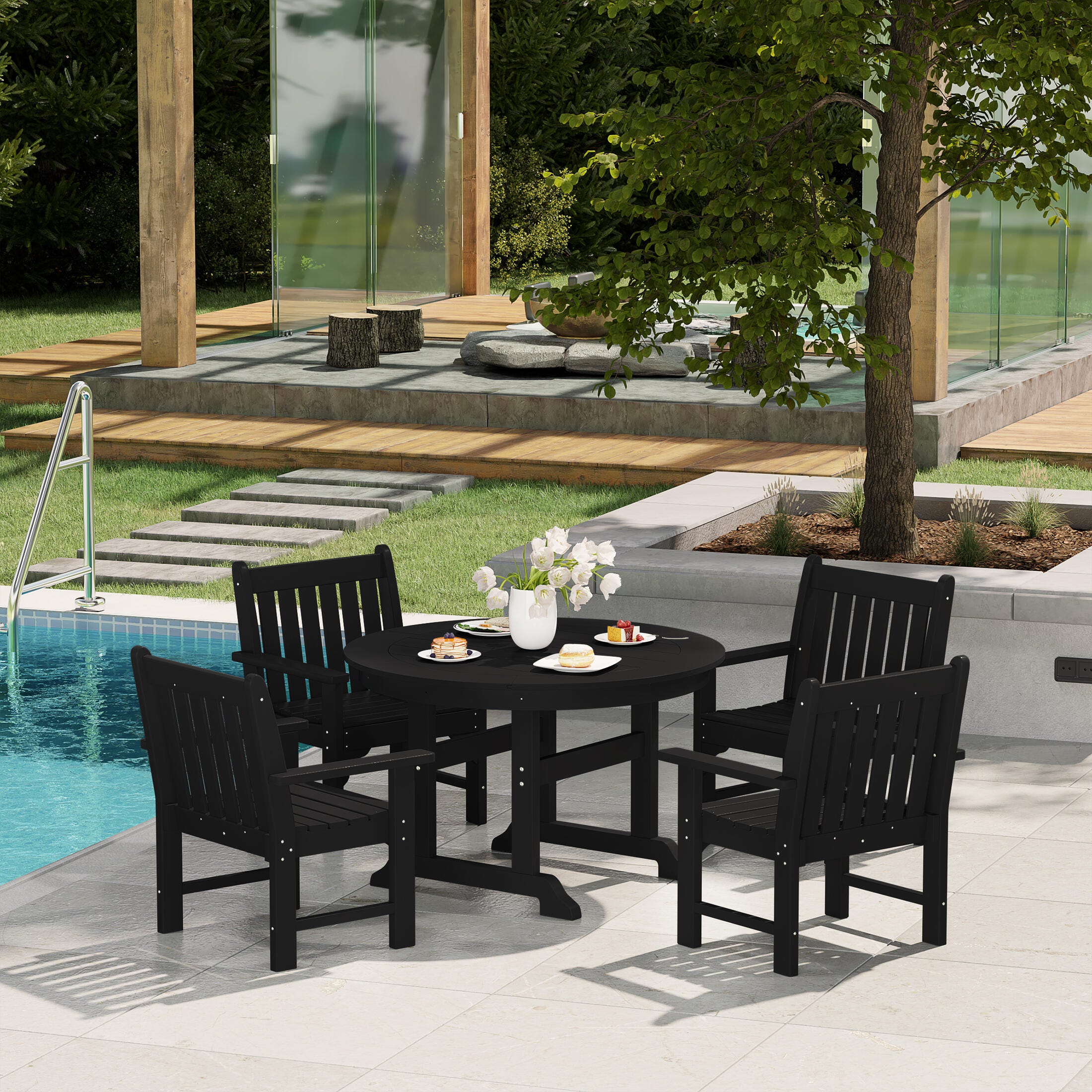 Westin Furniture Laguna Outdoor Patio Round Table and 4 Arm Chairs, Black, rollover