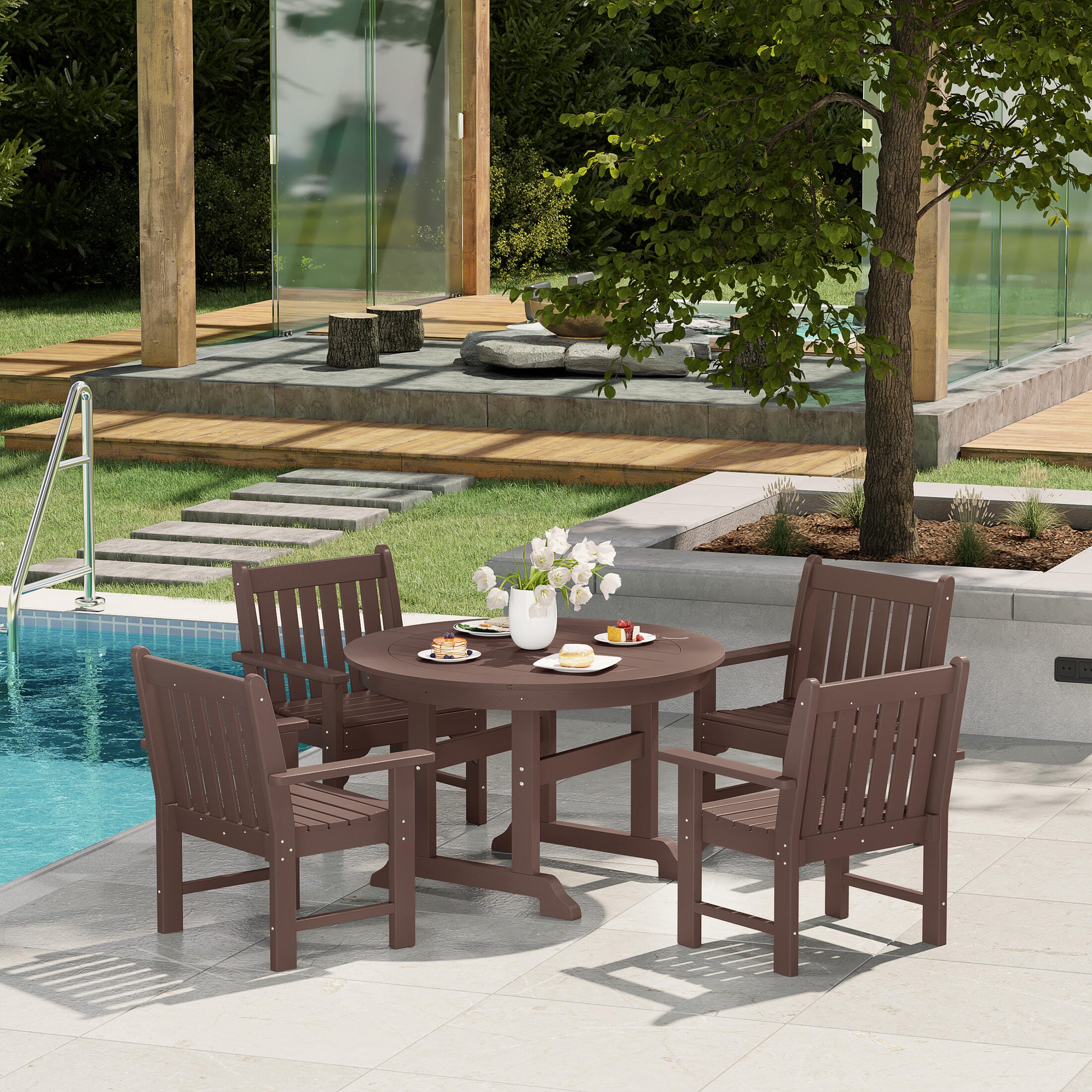 Westin Furniture Laguna Outdoor Patio Round Table and 4 Arm Chairs, Dark Brown, rollover