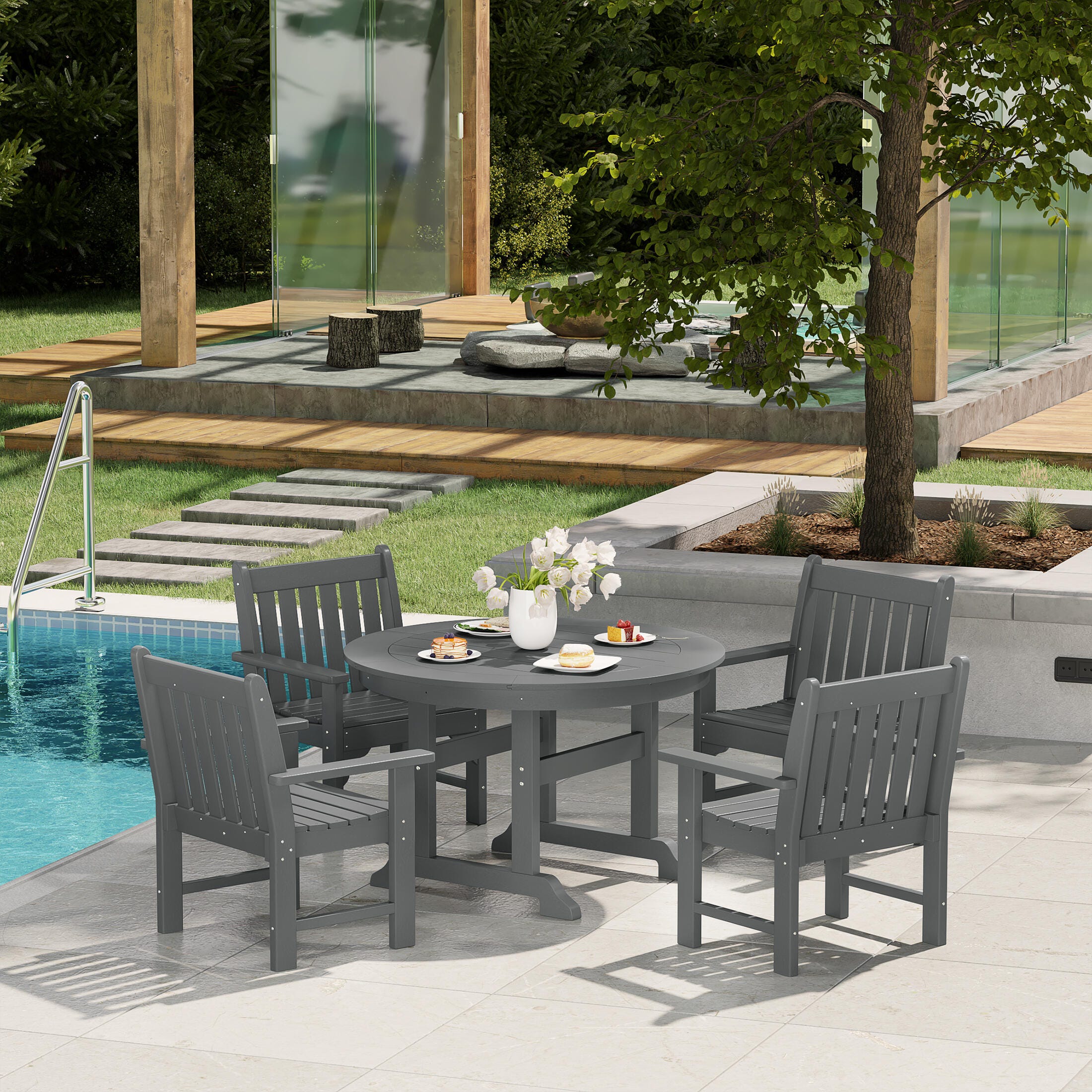 Westin Furniture Laguna Outdoor Patio Round Table and 4 Arm Chairs, Gray, rollover