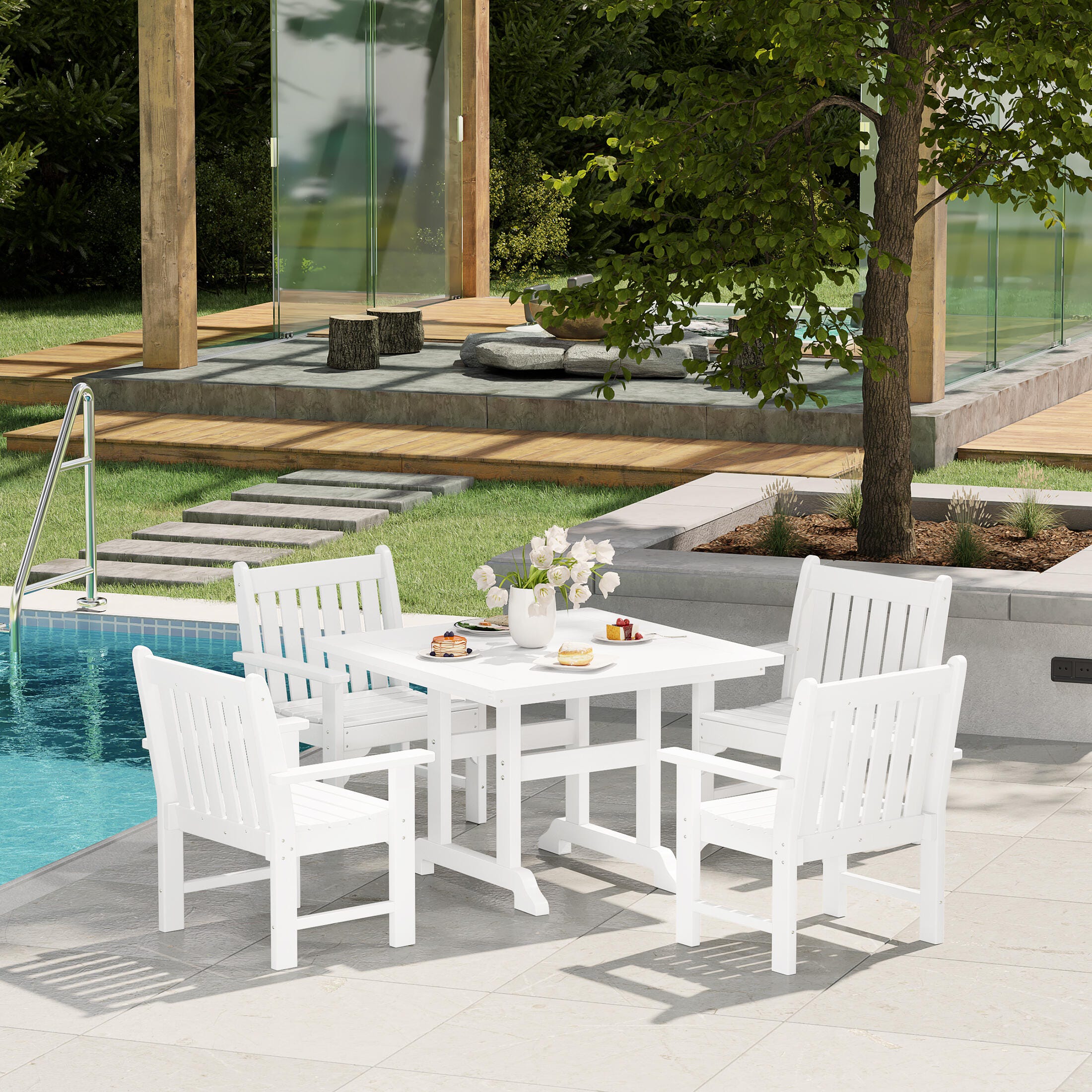 Westin Furniture Laguna Outdoor Square Dining Table and 4 Arm Chairs, White, rollover