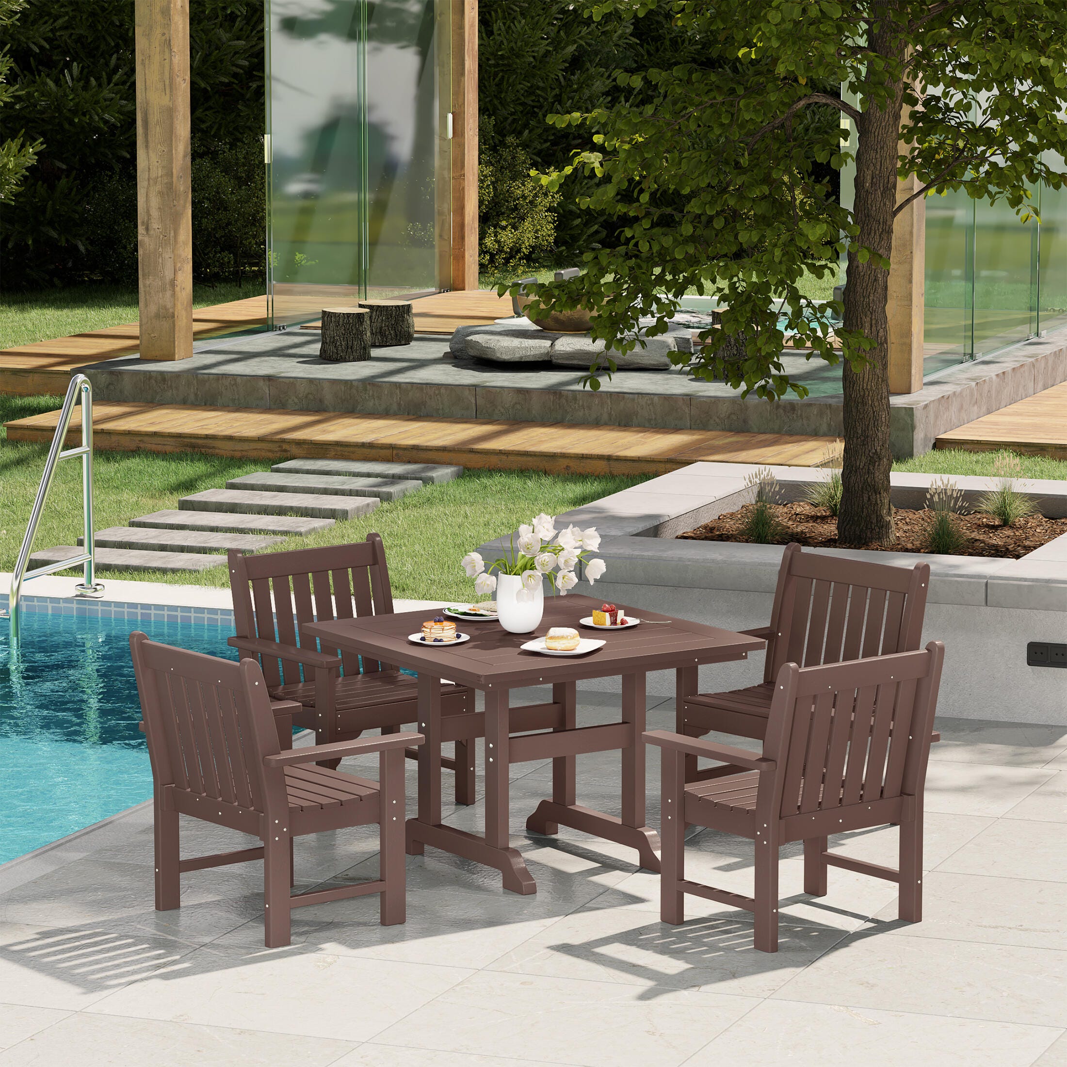 Westin Furniture Laguna Outdoor Square Dining Table and 4 Arm Chairs, Dark Brown, rollover