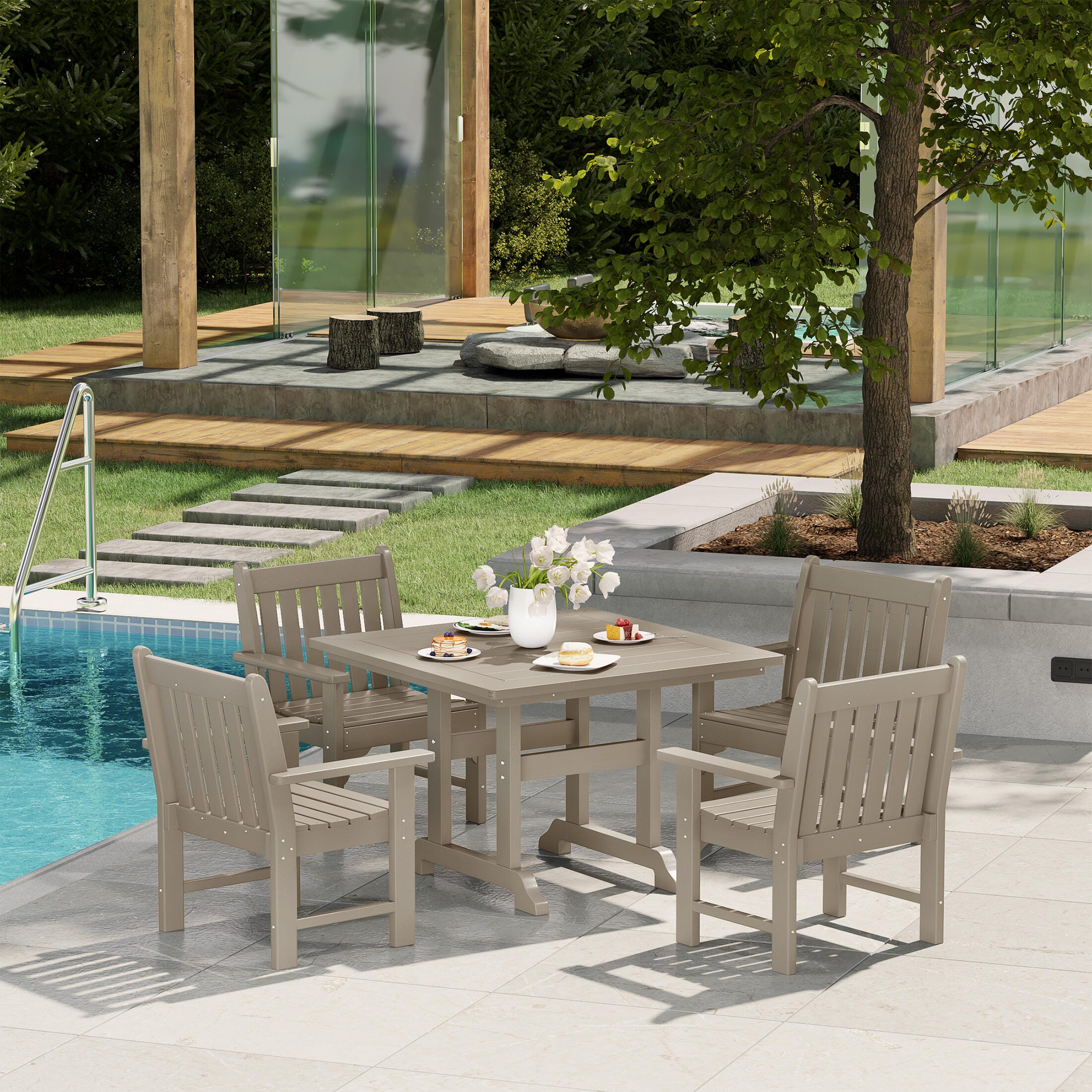 Westin Furniture Laguna Outdoor Square Dining Table and 4 Arm Chairs, Beige, rollover