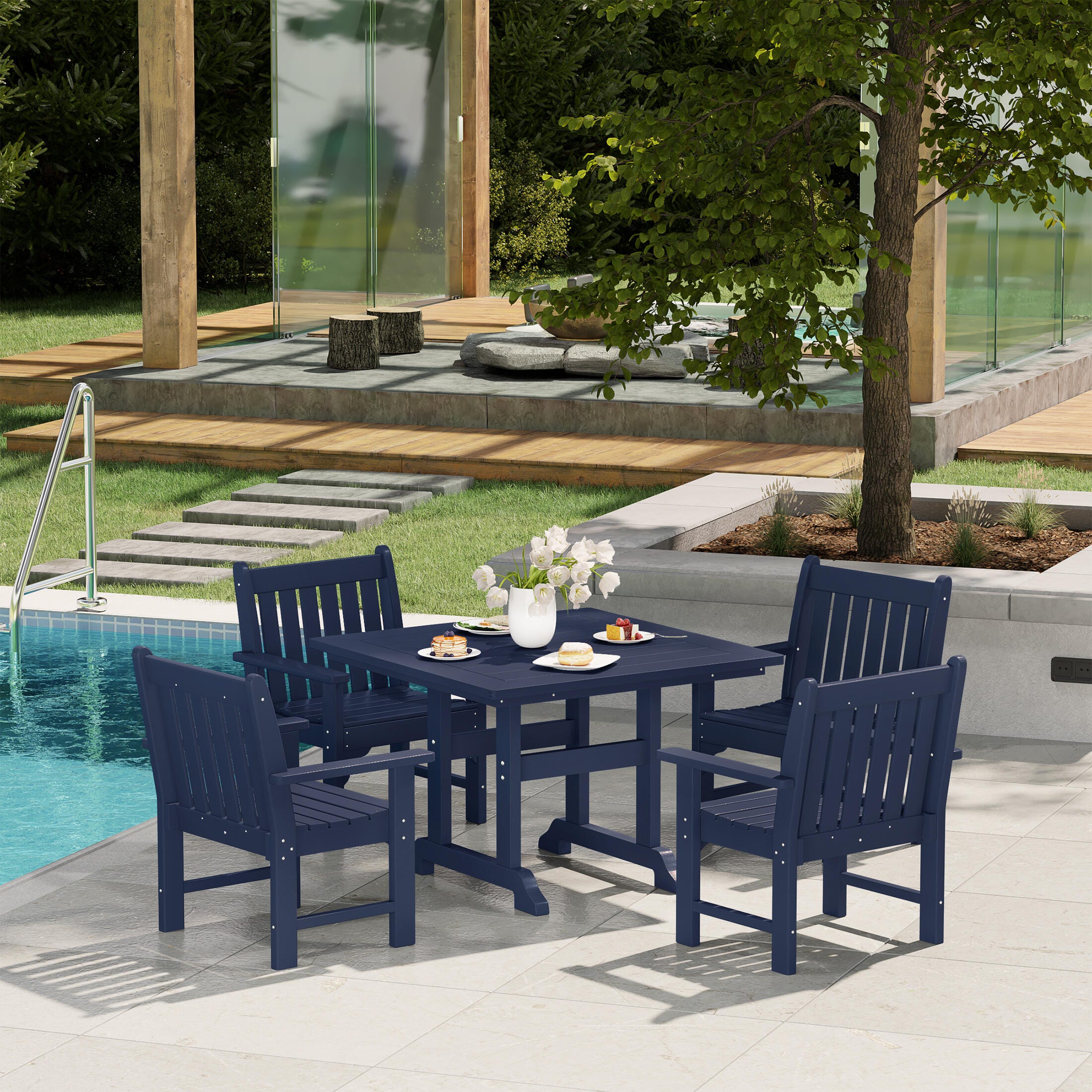 Westin Furniture Laguna Outdoor Square Dining Table and 4 Arm Chairs, Navy Blue, rollover