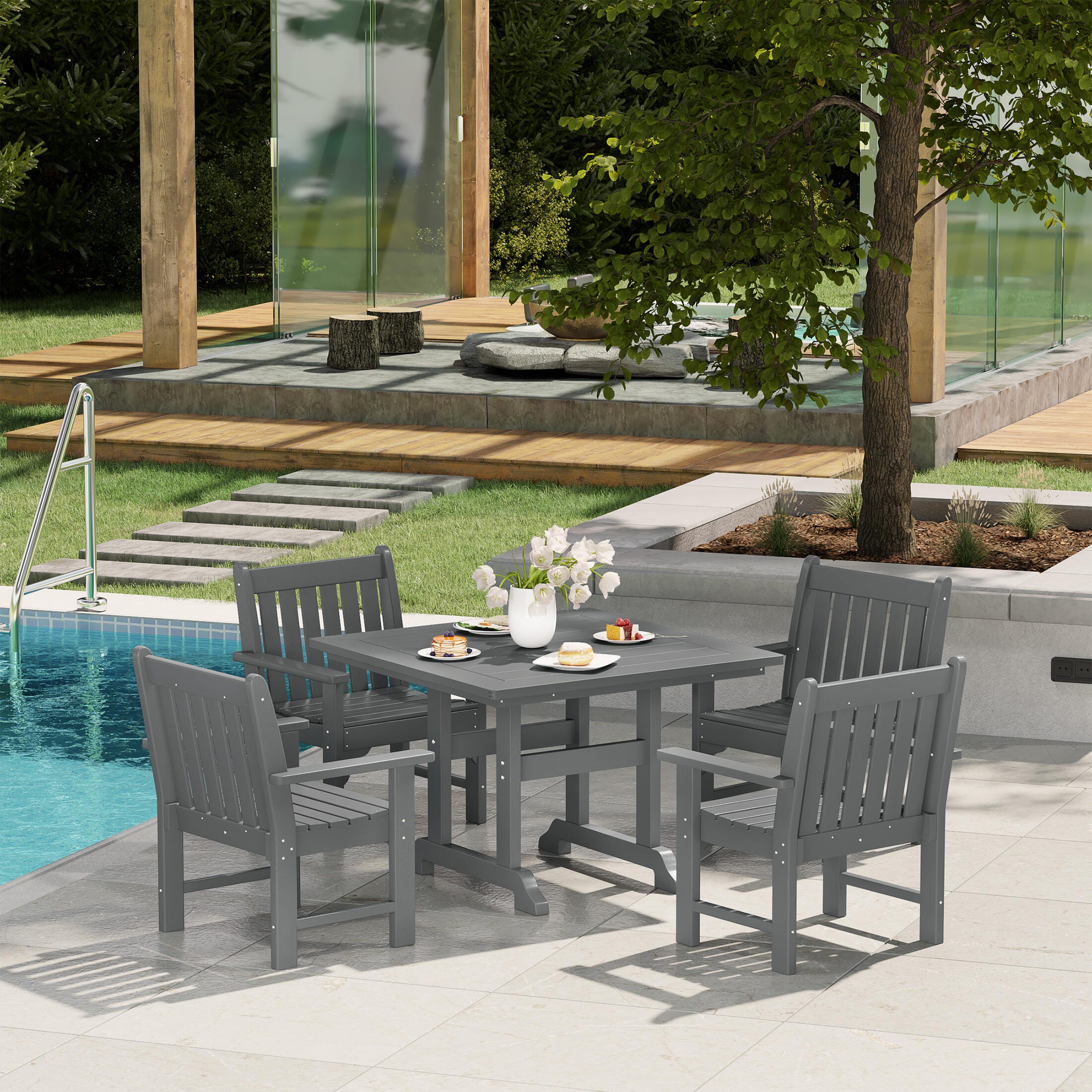 Westin Furniture Laguna Outdoor Square Dining Table and 4 Arm Chairs, Gray, rollover