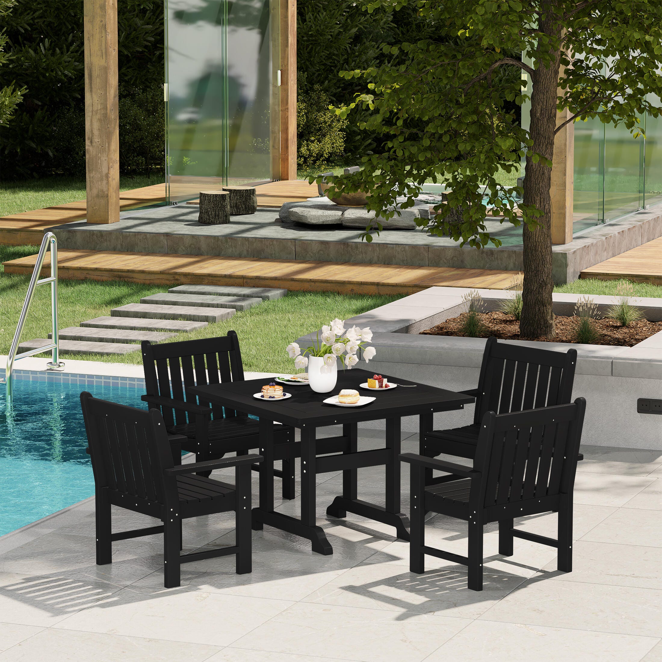 Westin Furniture Laguna Outdoor Square Dining Table and 4 Arm Chairs, Black, rollover