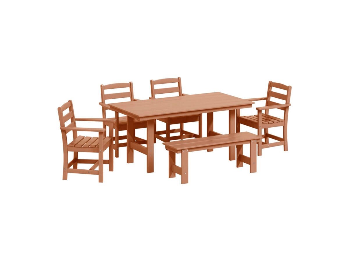 Westin Furniture Shoreside Outdoor Dining Table and 4 Arm Chairs and Bench, Teak, large