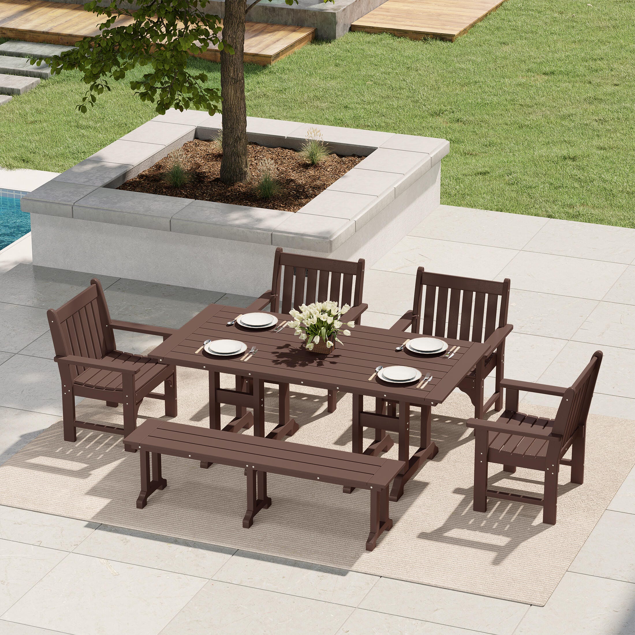 Westin Furniture Laguna Outdoor Dining Table and 4 Arm Chairs and Bench, Dark Brown, rollover