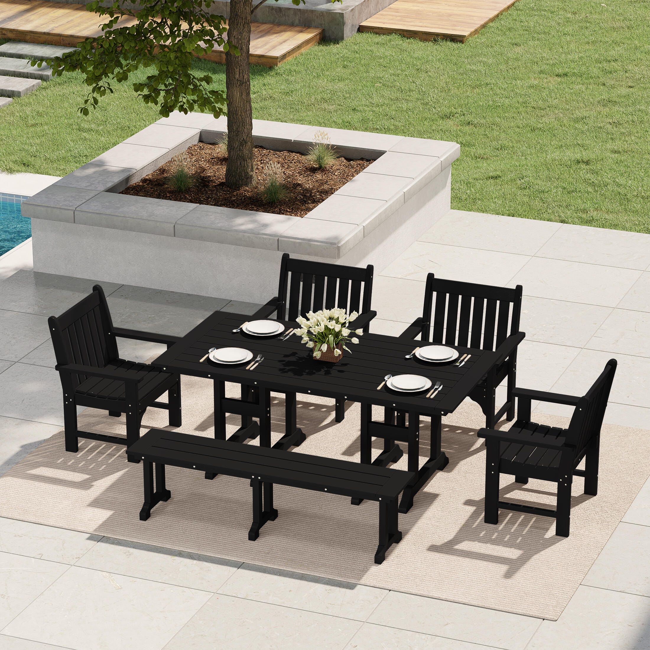 Westin Furniture Laguna Outdoor Dining Table and 4 Arm Chairs and Bench, Black, rollover