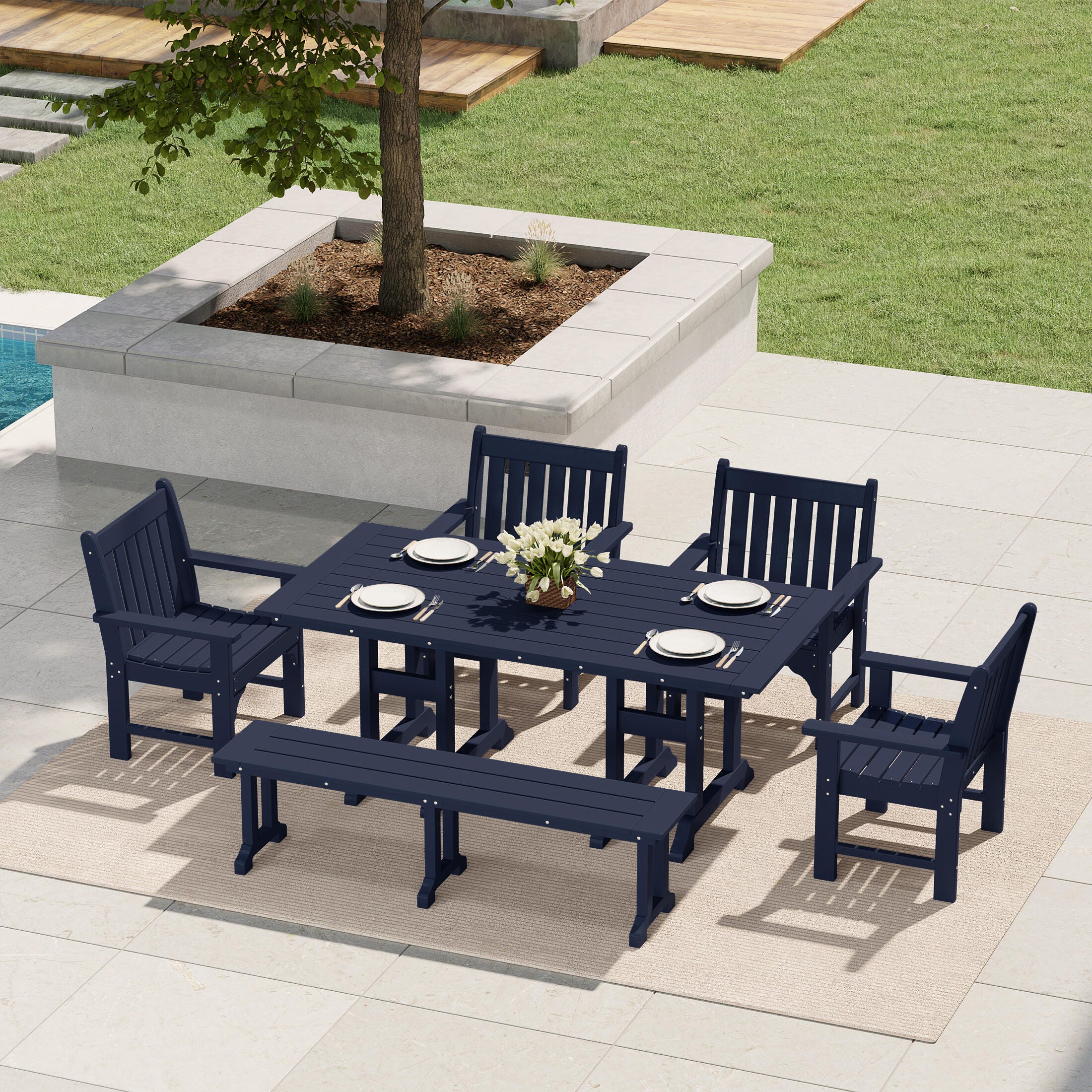 Westin Furniture Laguna Outdoor Dining Table and 4 Arm Chairs and Bench, Navy Blue, rollover
