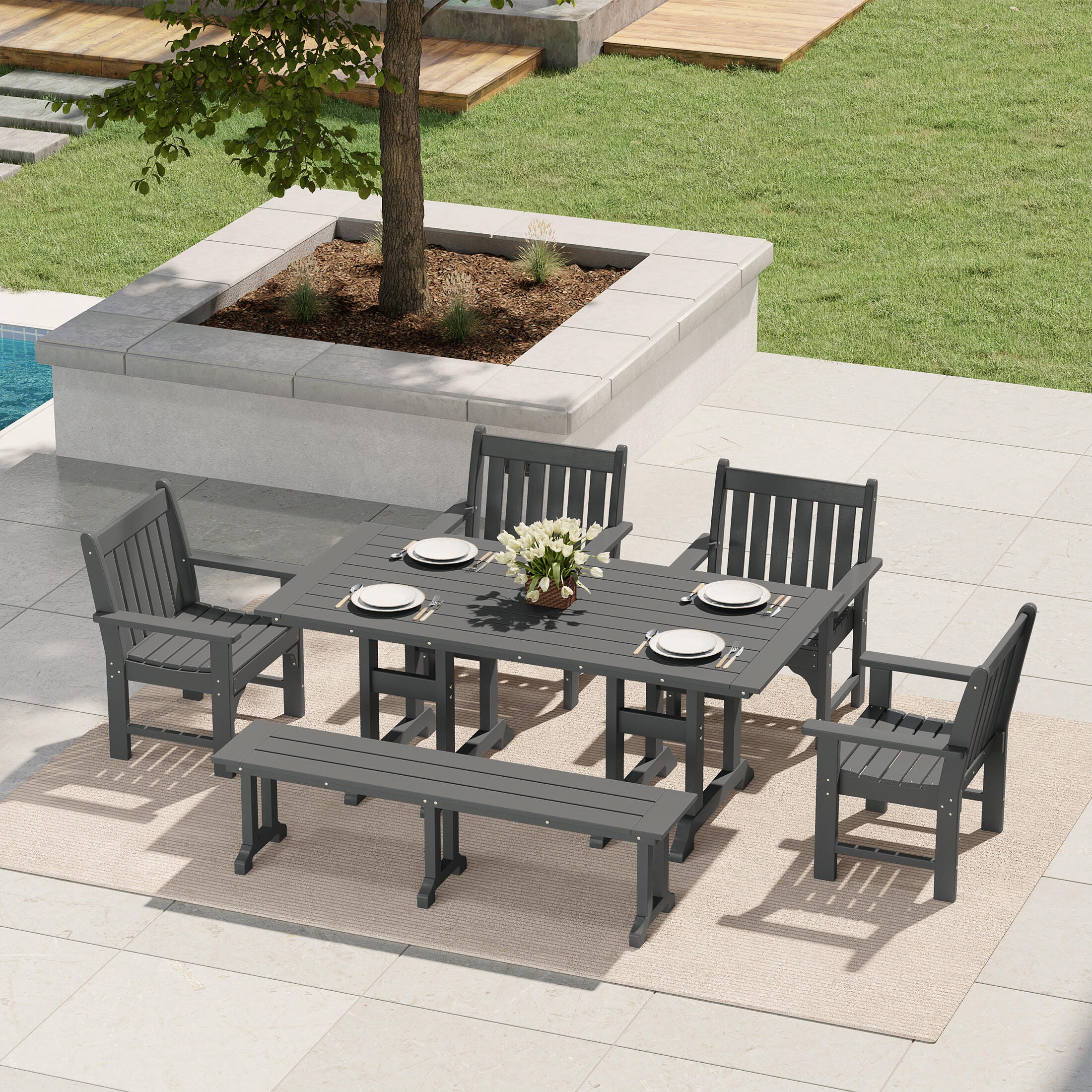 Westin Furniture Laguna Outdoor Dining Table and 4 Arm Chairs and Bench, Gray, rollover