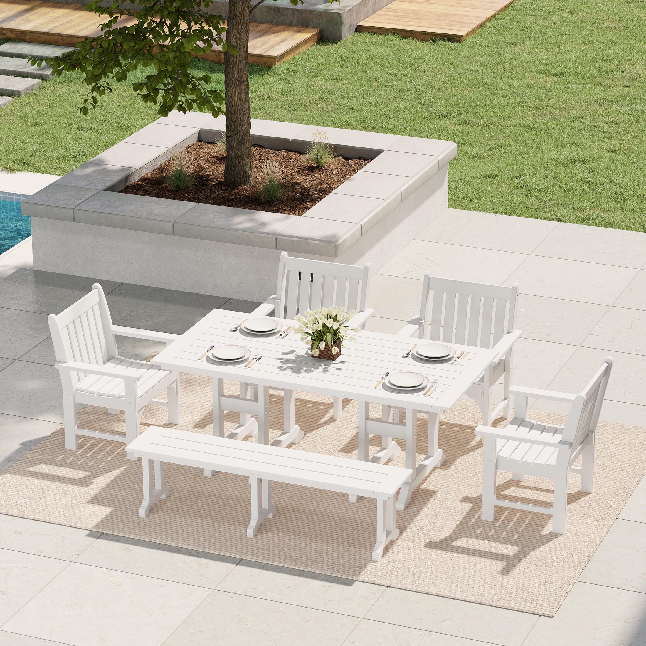 Westin Furniture Laguna Outdoor Dining Table and 4 Arm Chairs and Bench, White, rollover