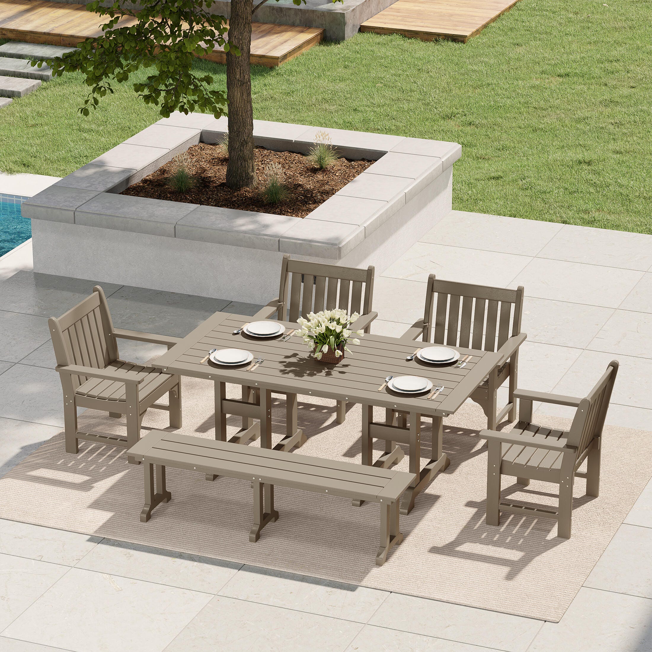 Westin Furniture Laguna Outdoor Dining Table and 4 Arm Chairs and Bench, Beige, rollover