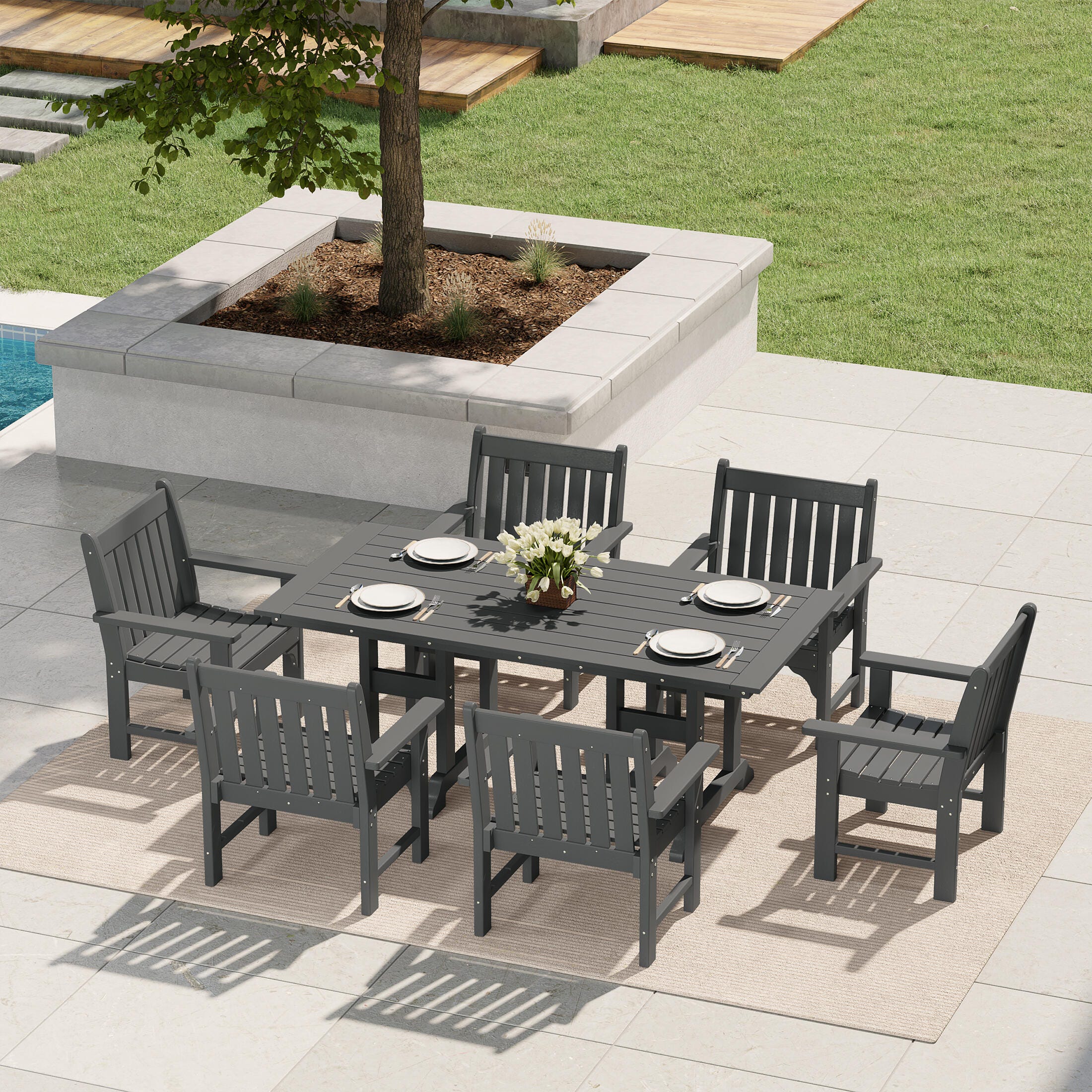 Westin Furniture Laguna Outdoor Dining Table and 6 Arm Chairs, Gray, rollover