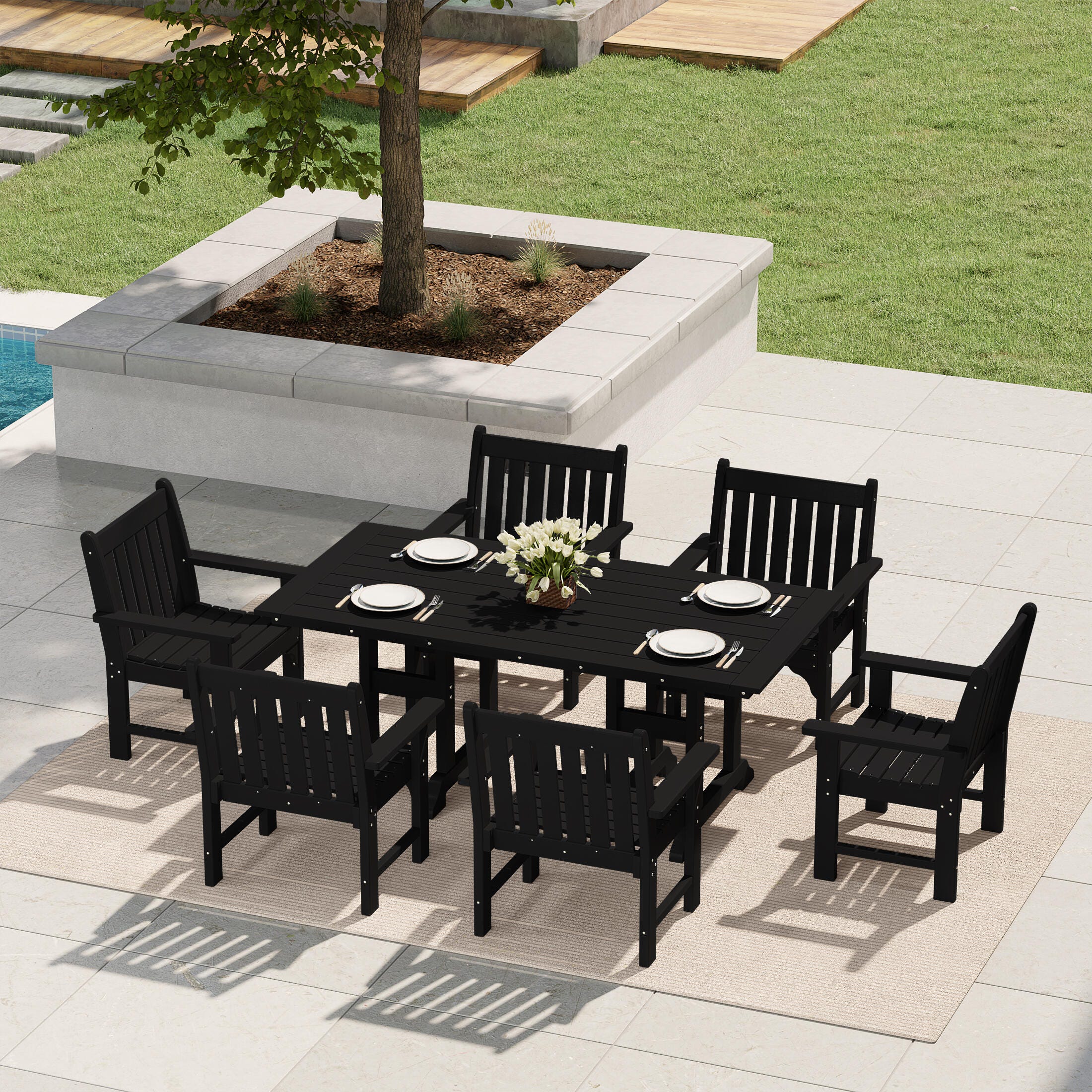 Westin Furniture Laguna Outdoor Dining Table and 6 Arm Chairs, Black, rollover
