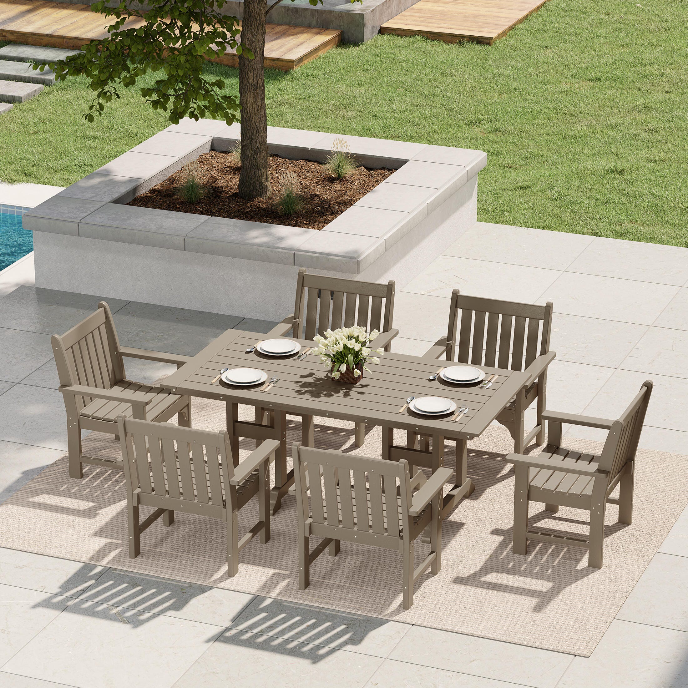 Westin Furniture Laguna Outdoor Dining Table and 6 Arm Chairs, Beige, rollover