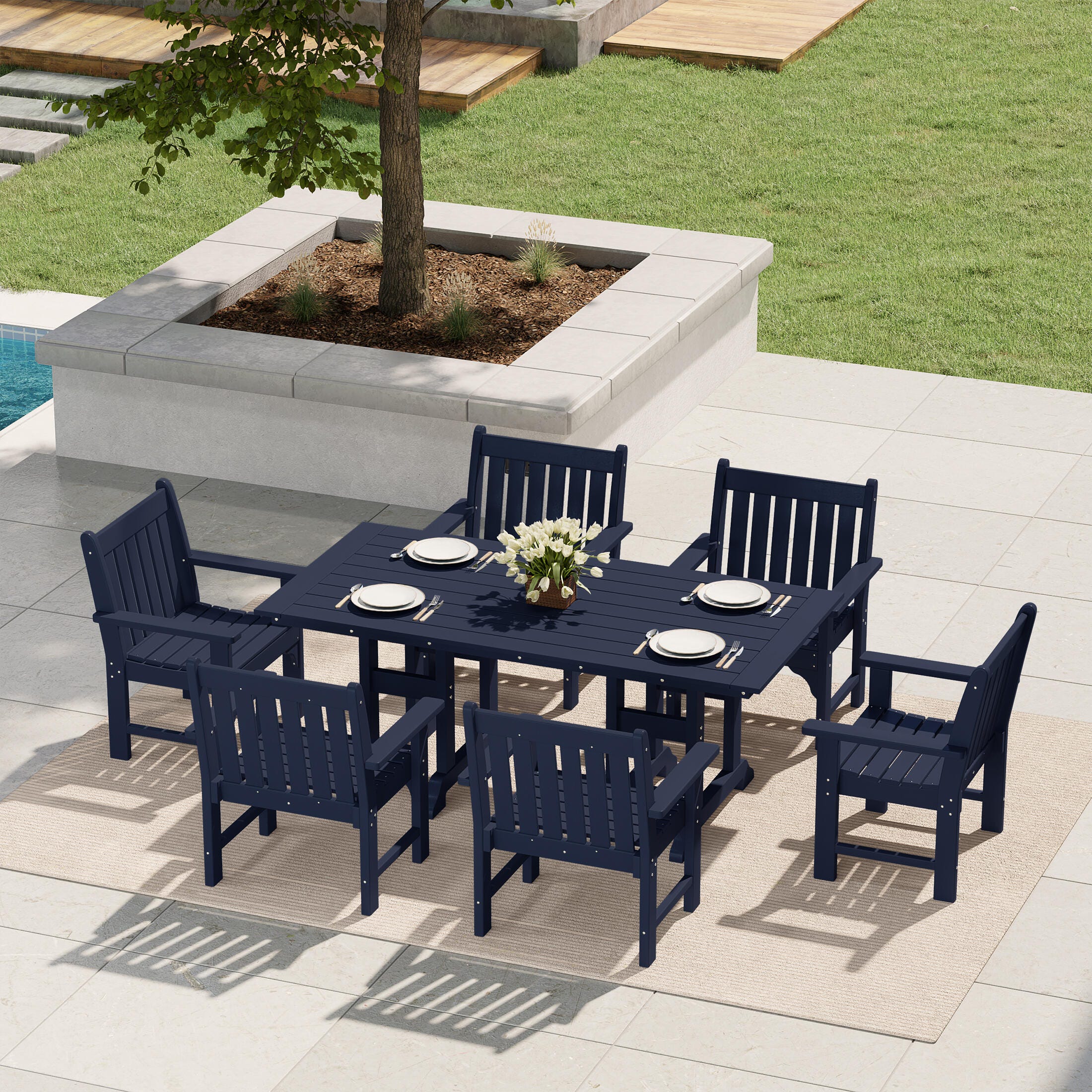 Westin Furniture Laguna Outdoor Dining Table and 6 Arm Chairs, Navy Blue, rollover