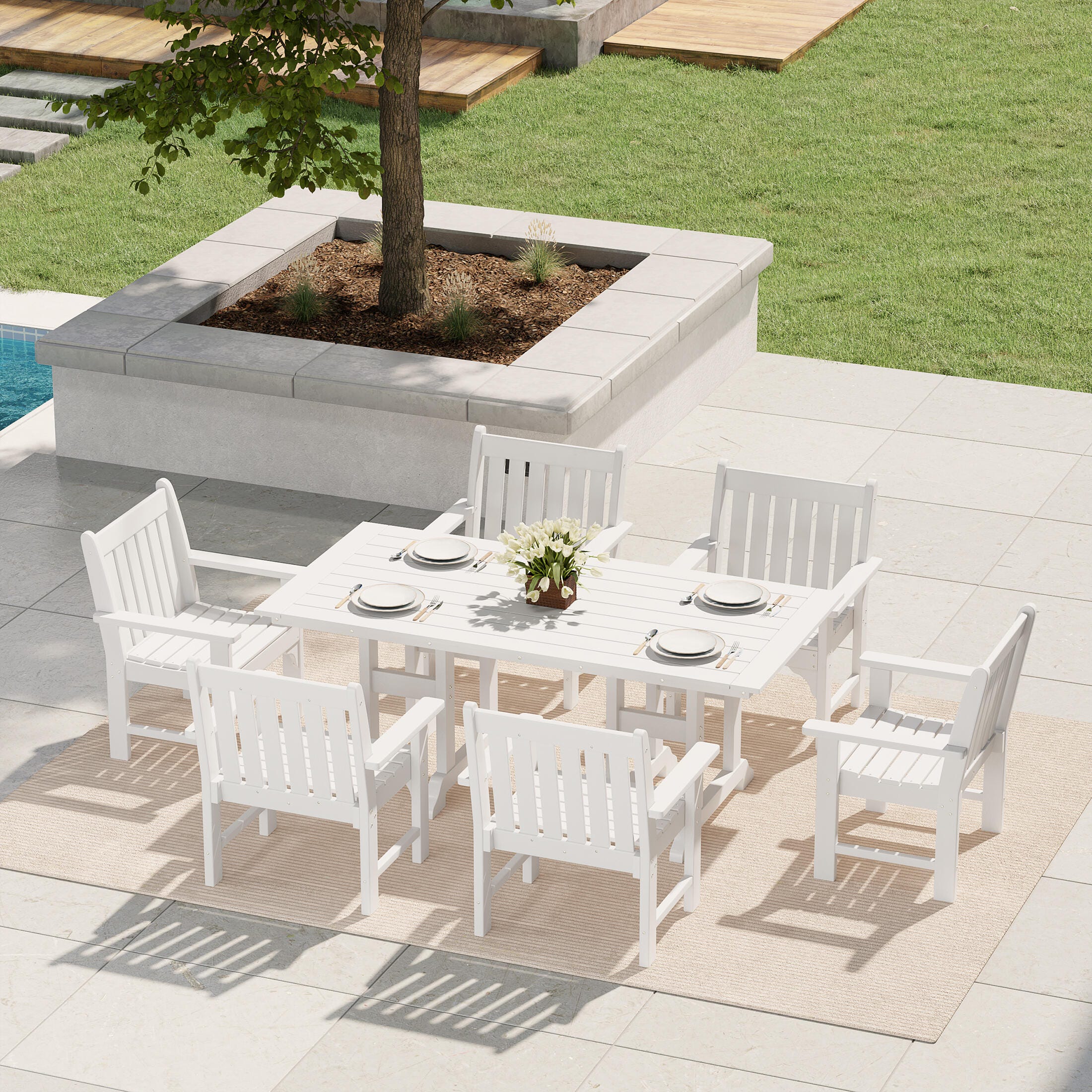 Westin Furniture Laguna Outdoor Dining Table and 6 Arm Chairs, White, rollover