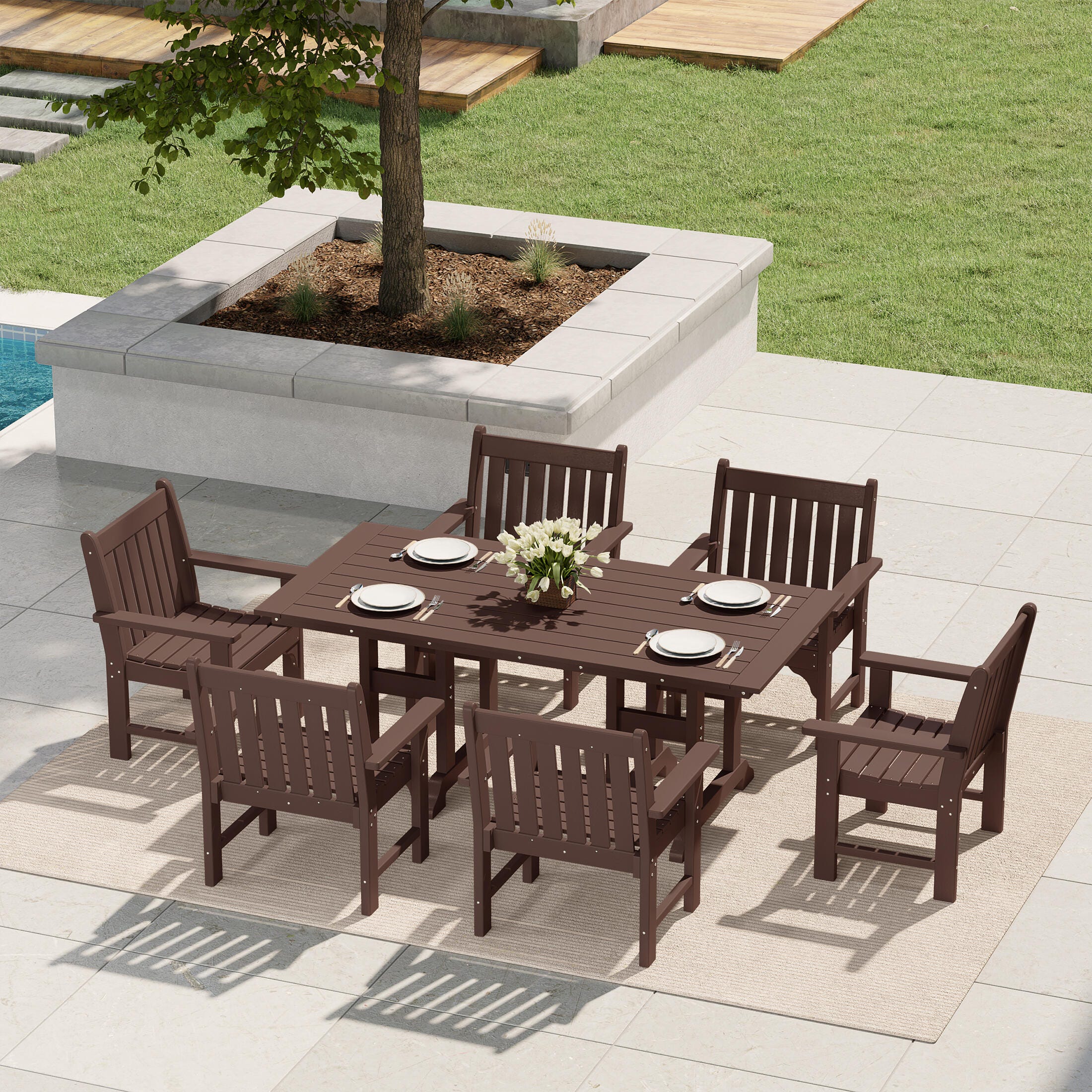 Westin Furniture Laguna Outdoor Dining Table and 6 Arm Chairs, Dark Brown, rollover