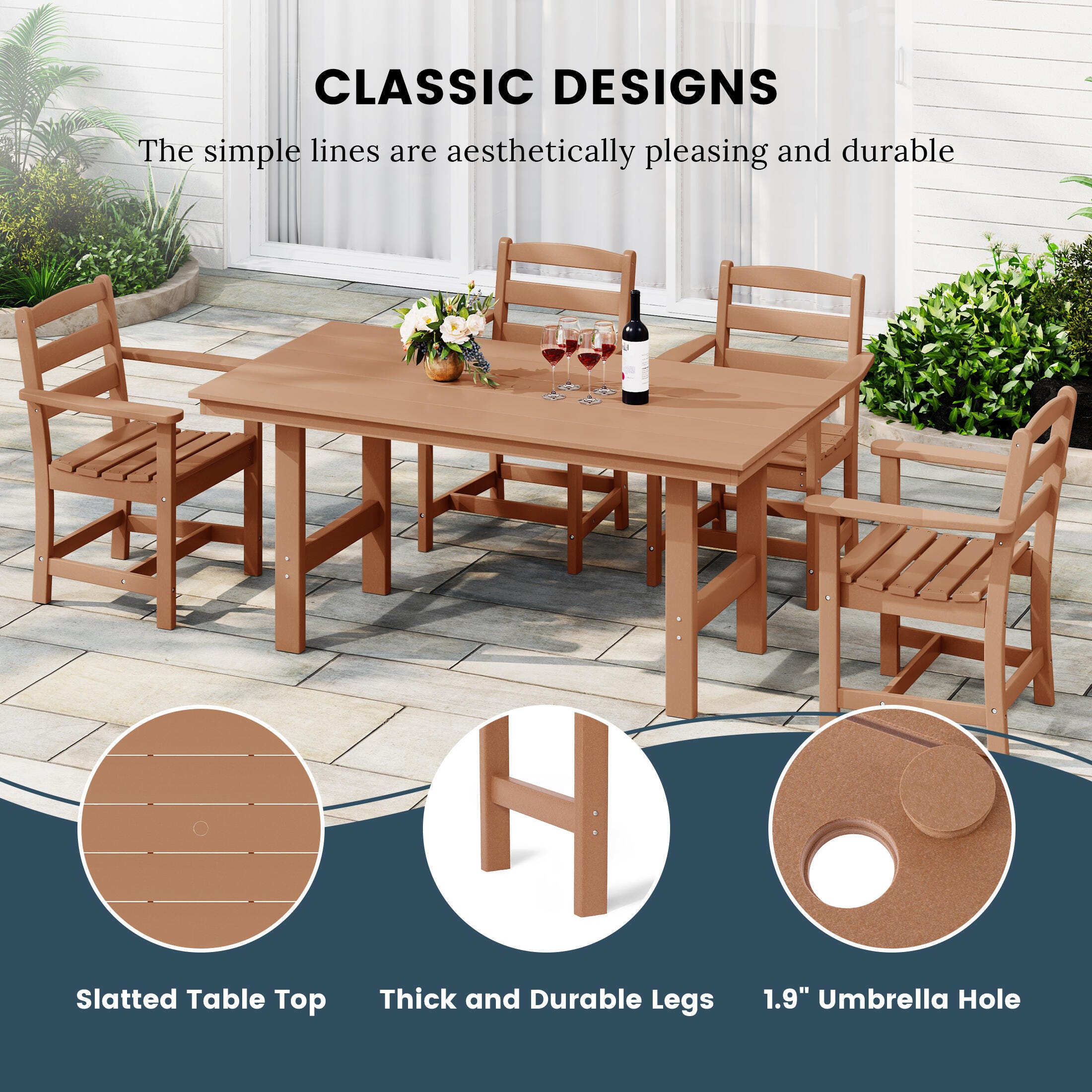 Westin Furniture Shoreside Outdoor Dining Table and 6 Arm Chairs, Teak, large