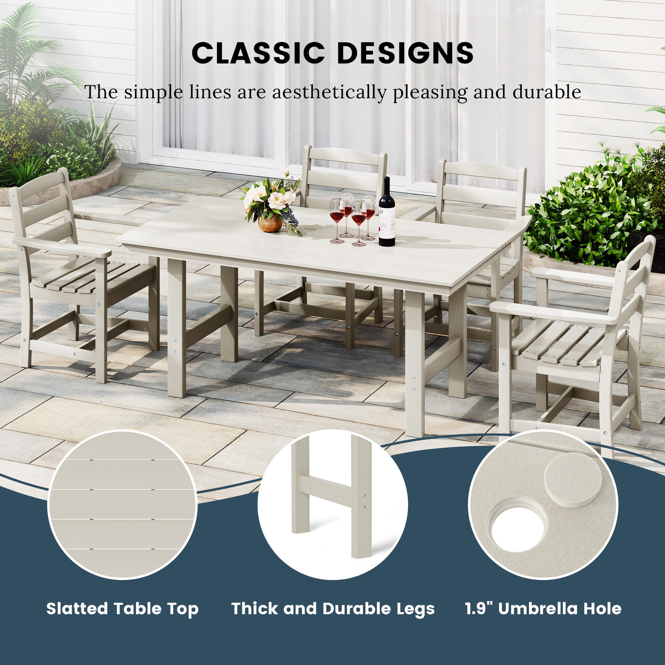 Westin Furniture Shoreside Outdoor Dining Table and 6 Armless Chairs, Sand, large