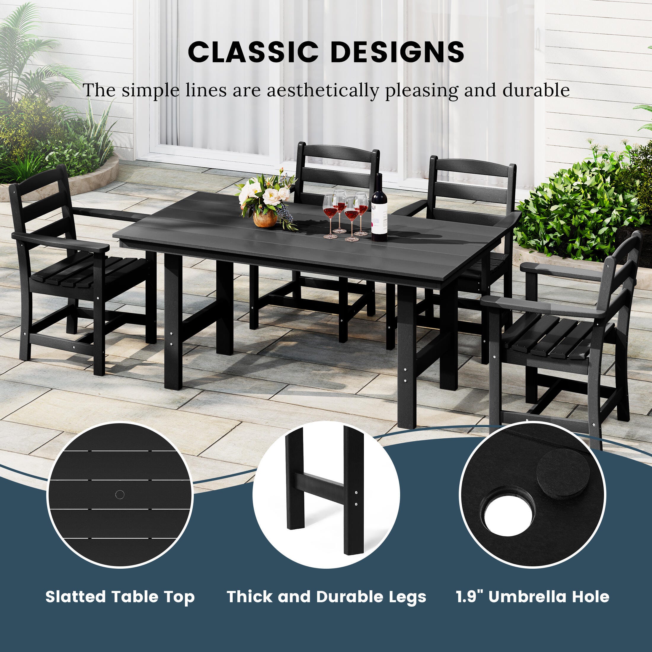 Westin Furniture Shoreside Outdoor Dining Table and 6 Armless Chairs, Black, large