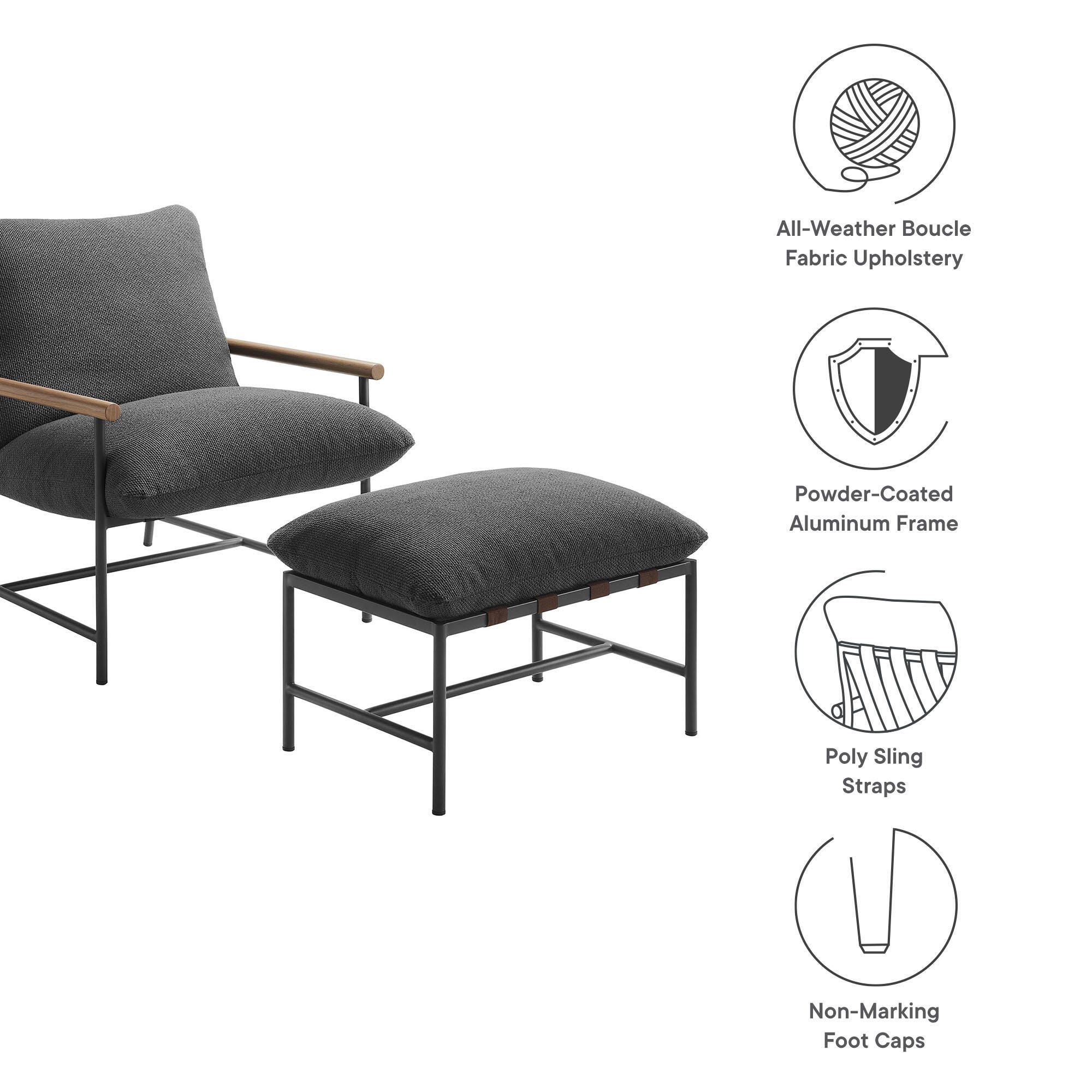 Modway Raya Outdoor Lounge Chair and Ottoman, Charcoal, large