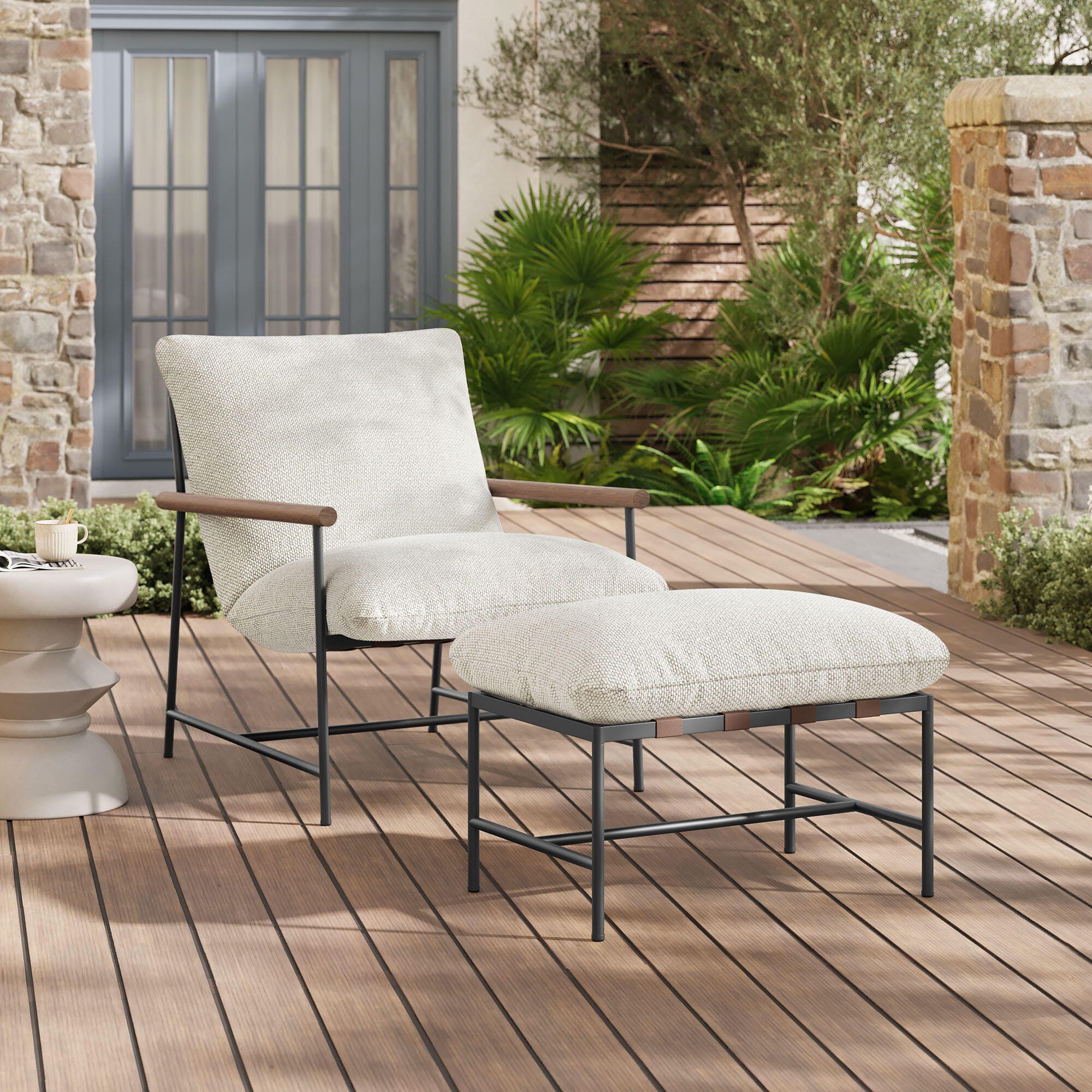 Modway Raya Outdoor Lounge Chair and Ottoman, Ivory, rollover