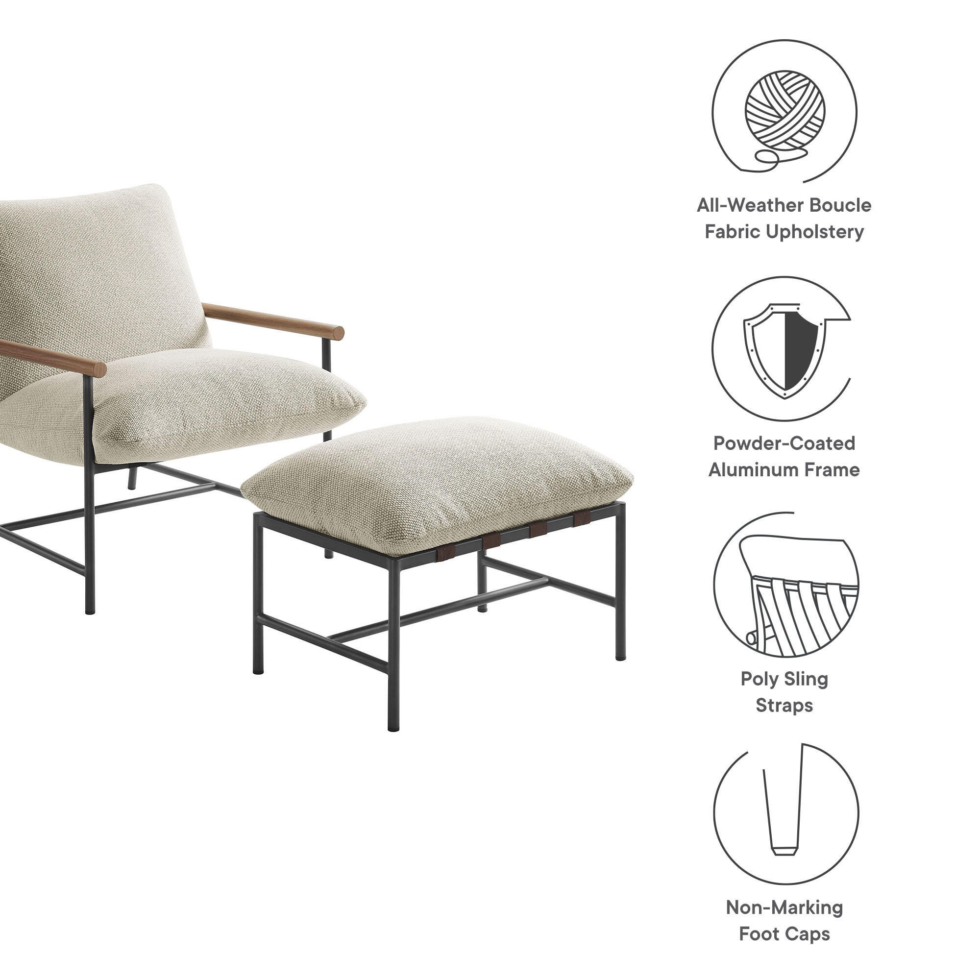 Modway Raya Outdoor Lounge Chair and Ottoman, Ivory, large