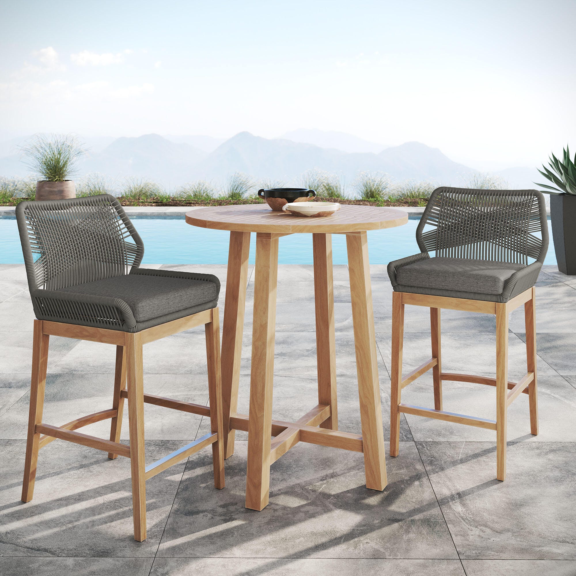Modway Wellspring Outdoor Bar Table and 2 Bar Stools, Gray, large