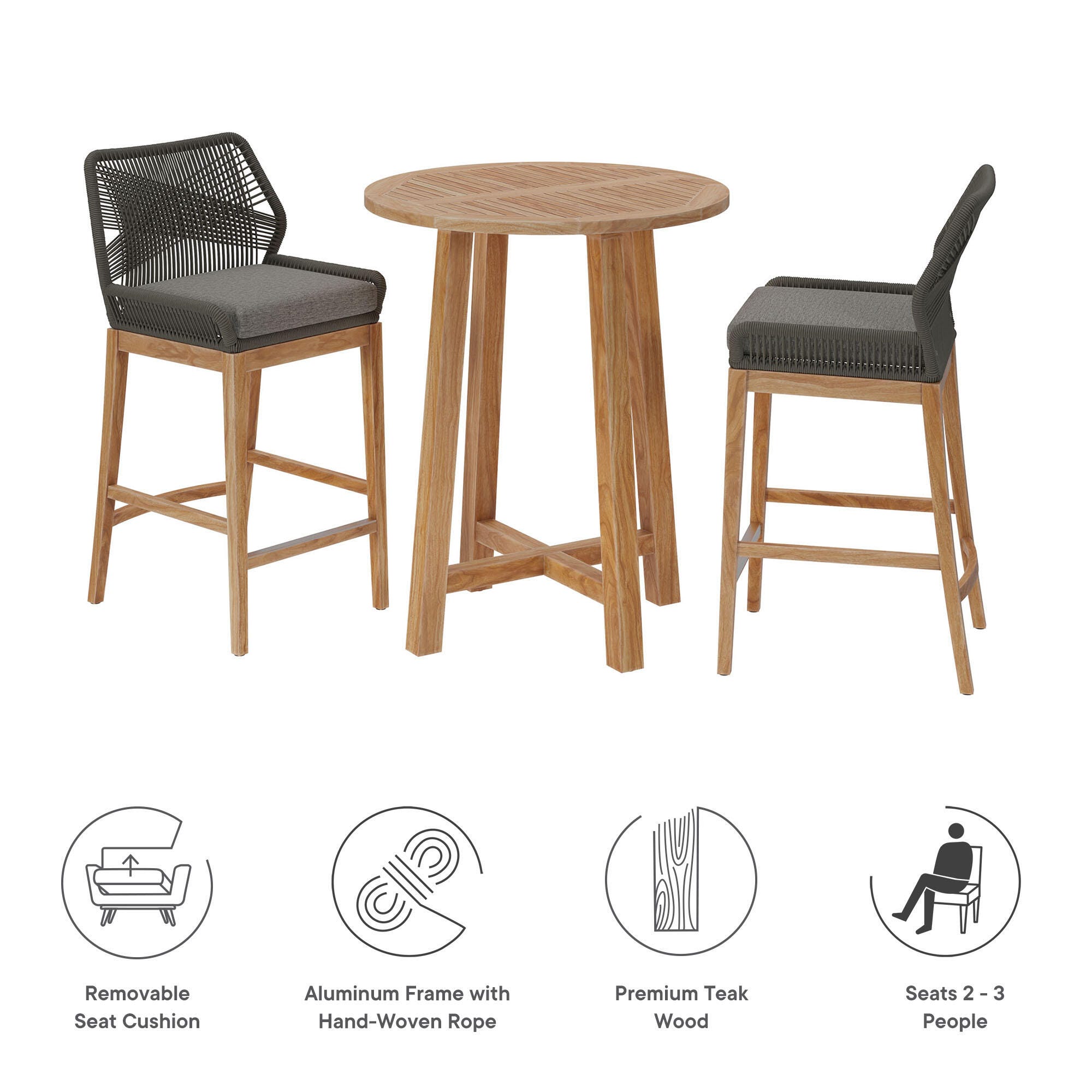 Modway Wellspring Outdoor Bar Table and 2 Bar Stools, Gray, large
